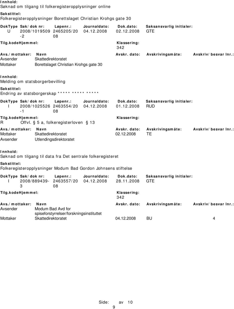 2008 GTE -2 08 342 Avsender Skattedirektoratet Mottaker Borettslaget Christian Krohgs gate 30 Melding om statsborgerbevilling Endring av statsborgerskap ***** ***** ***** I 2008/1025526 2463554/20 04.