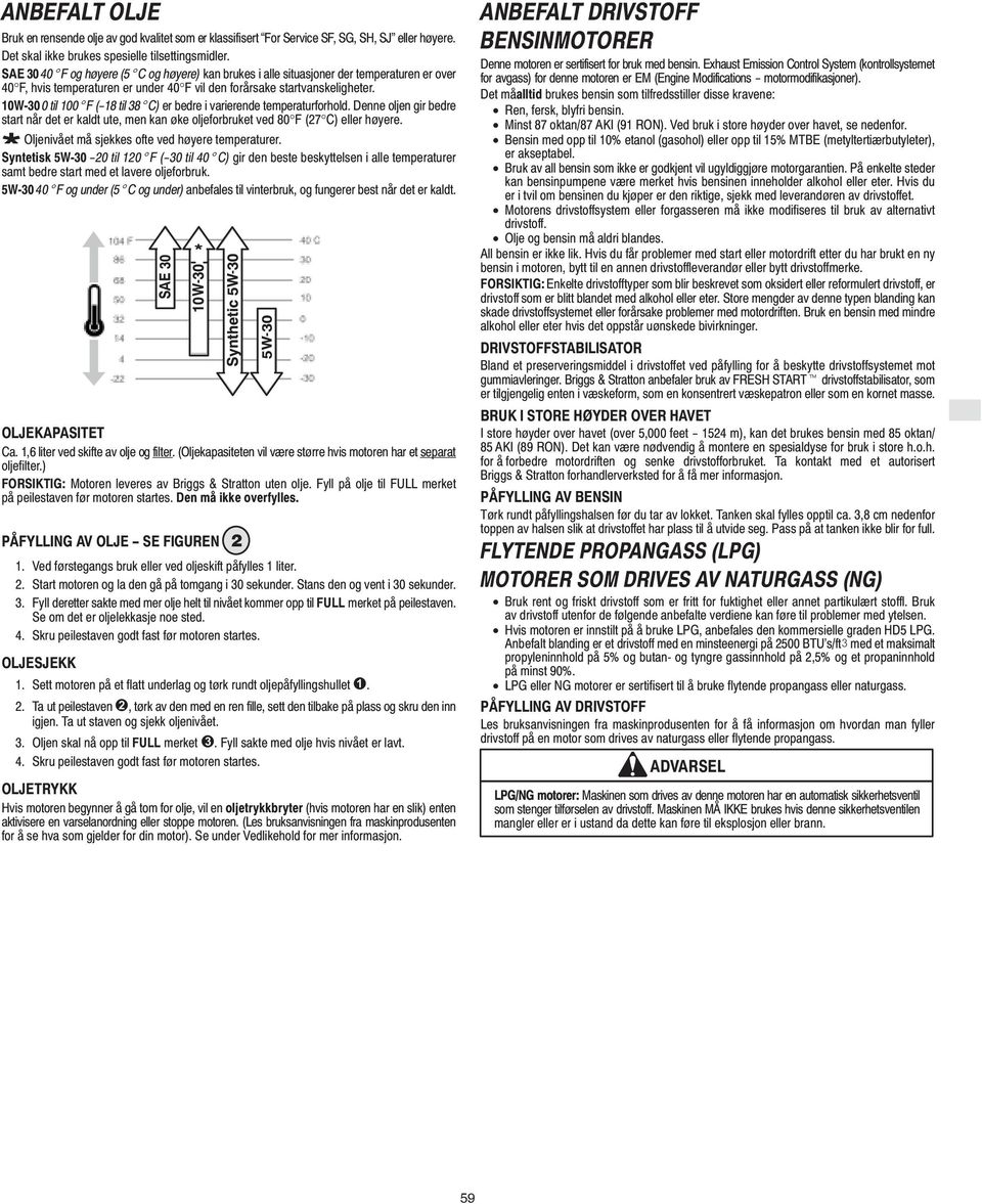 10W-30 0 til 100 F ( 18 til 38 C) er bedre i varierende temperaturforhold. Denne oljen gir bedre start når det er kaldt ute, men kan øke oljeforbruket ved 80 F (27 C) eller høyere.