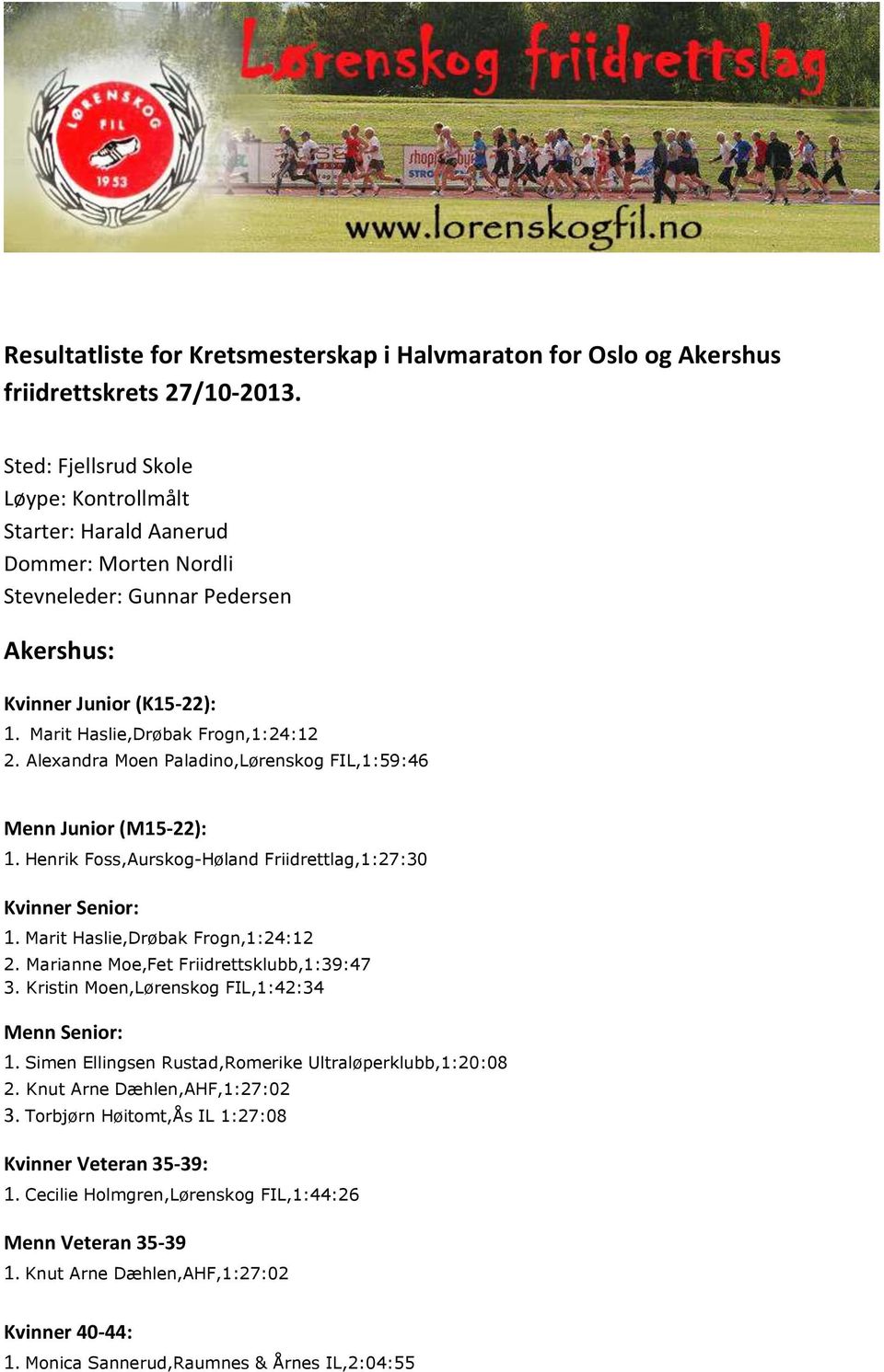 Alexandra Moen Paladino,Lørenskog FIL,1:59:46 Menn Junior (M15-22): 1. Henrik Foss,Aurskog-Høland Friidrettlag,1:27:30 Kvinner Senior: 1. Marit Haslie,Drøbak Frogn,1:24:12 2.