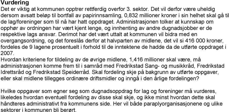 Administrasjonen tolker at kunnskap om opphør av ordningen har vært kjent lenge, og innhenting av andre dugnadsjobber er de respektive lags ansvar.