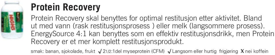 EnergySource 4:1 kan benyttes som en effektiv restitusjonsdrikk, men Protein Recovery er et mer