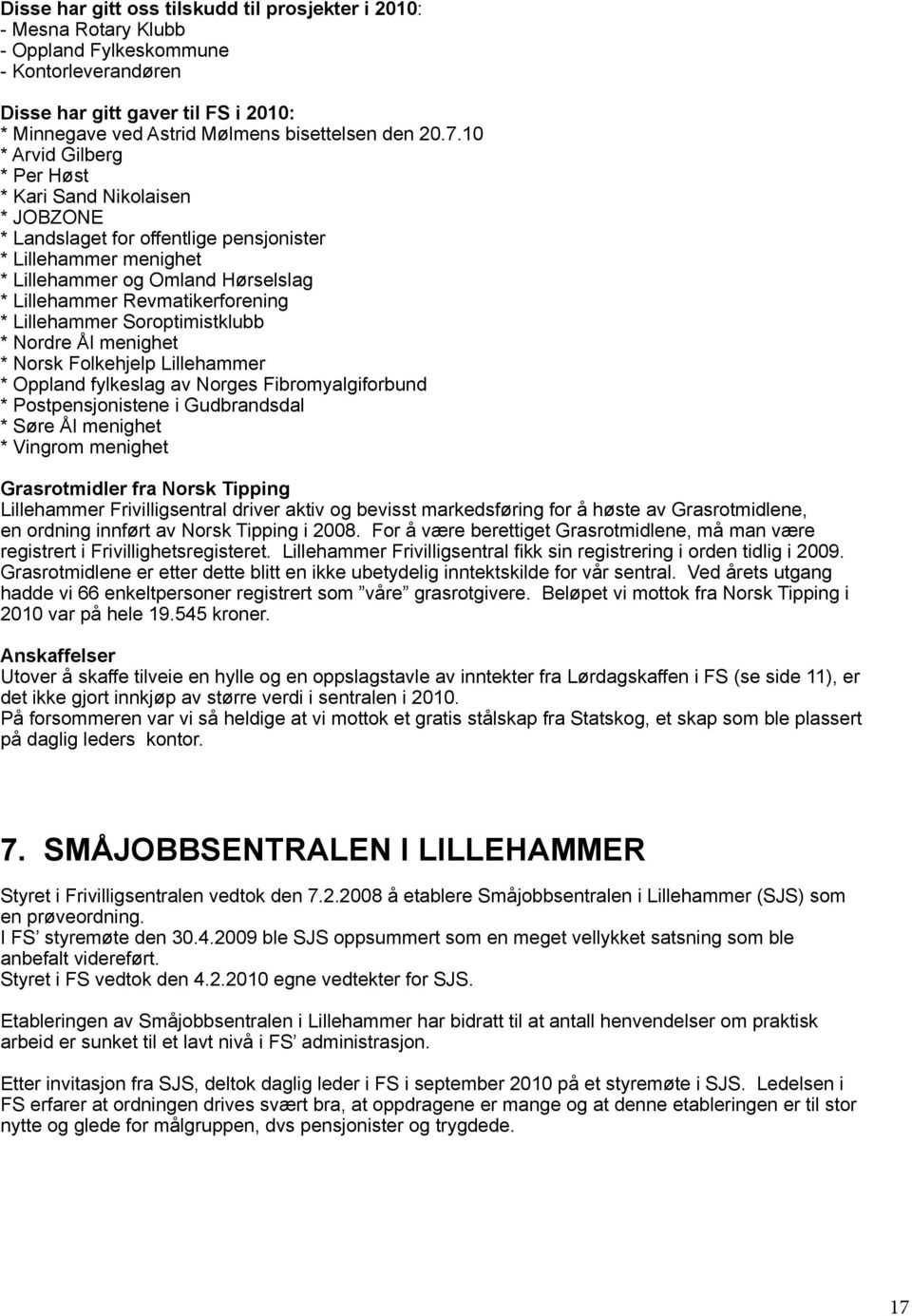 * Lillehammer Soroptimistklubb * Nordre Ål menighet * Norsk Folkehjelp Lillehammer * Oppland fylkeslag av Norges Fibromyalgiforbund * Postpensjonistene i Gudbrandsdal * Søre Ål menighet * Vingrom