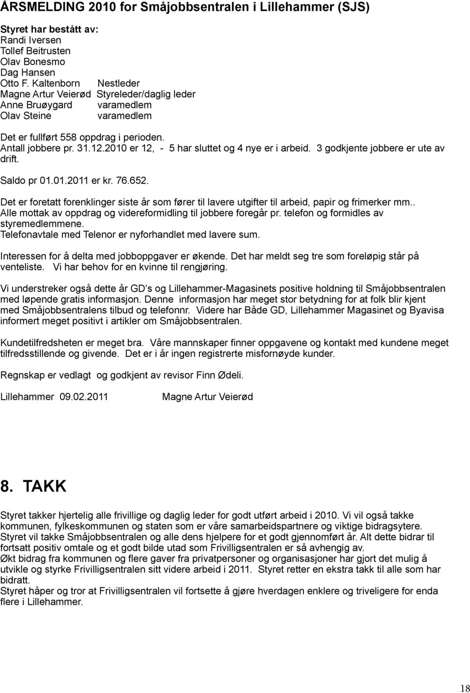 2010 er 12, - 5 har sluttet og 4 nye er i arbeid. 3 godkjente jobbere er ute av drift. Saldo pr 01.01.2011 er kr. 76.652.