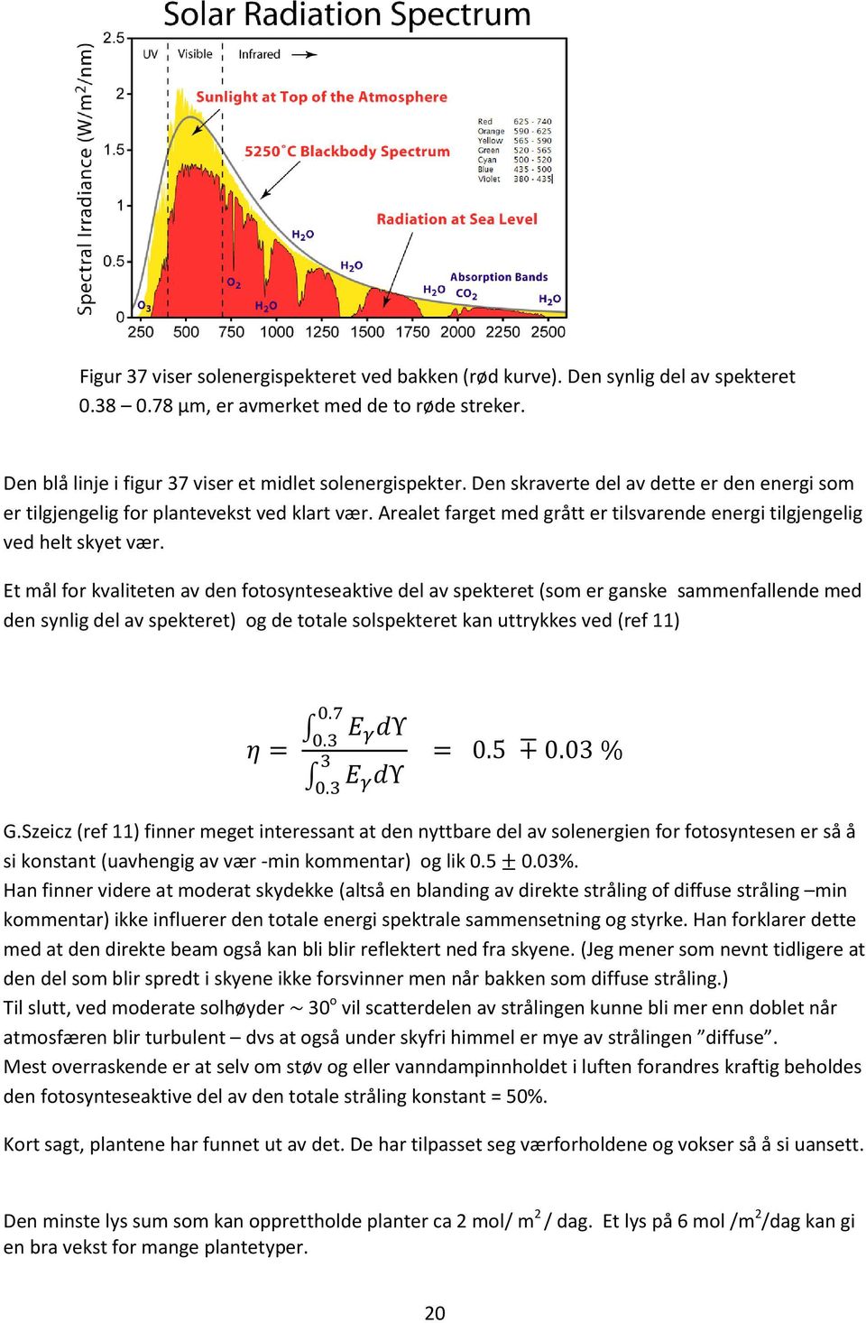 Et mål for kvaliteten av den fotosynteseaktive del av spekteret (som er ganske sammenfallende med den synlig del av spekteret) og de totale solspekteret kan uttrykkes ved (ref 11) G.