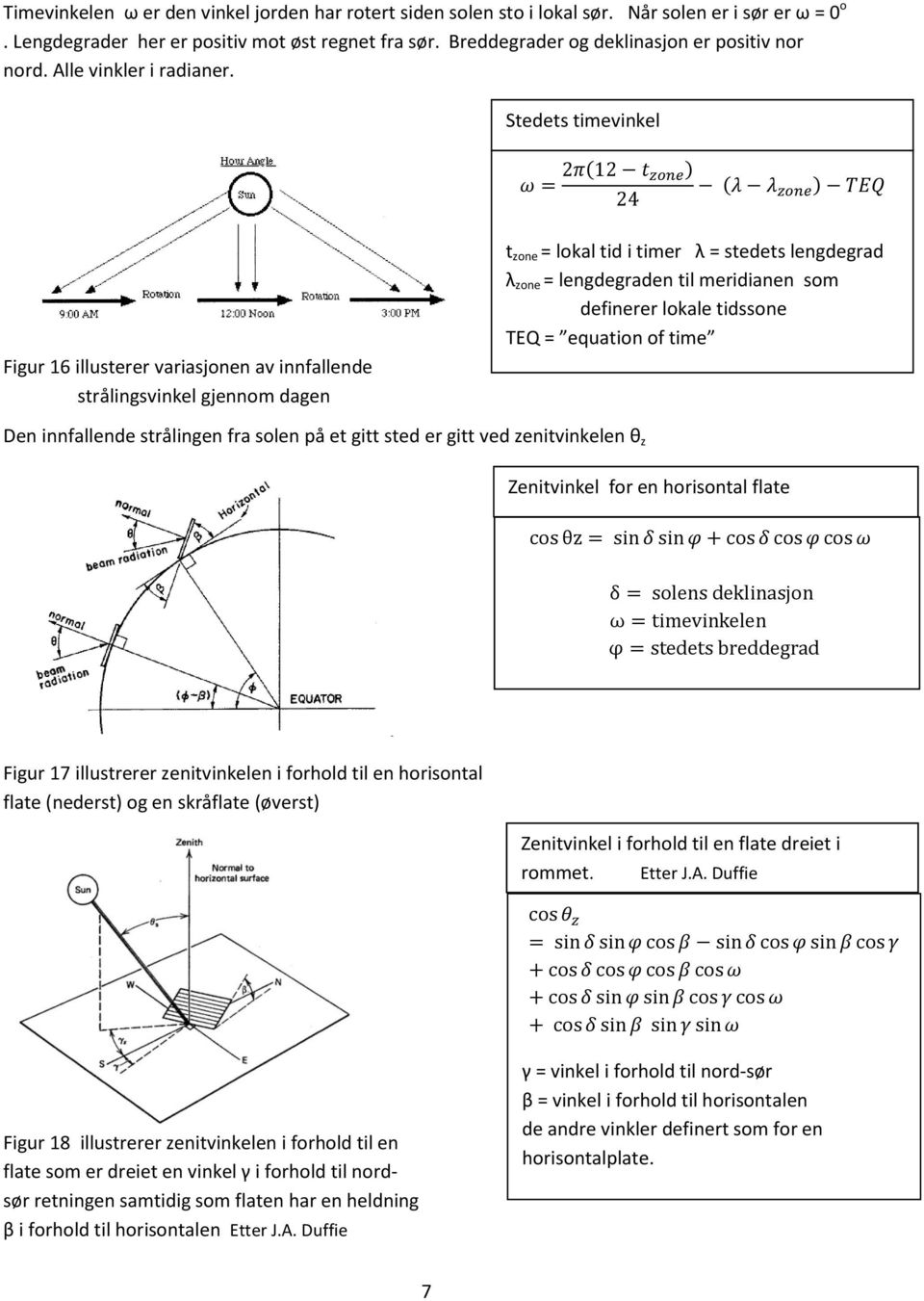 Stedets timevinkel Figur 16 illusterer variasjonen av innfallende strålingsvinkel gjennom dagen t zone = lokal tid i timer λ = stedets lengdegrad λ zone = lengdegraden til meridianen som definerer