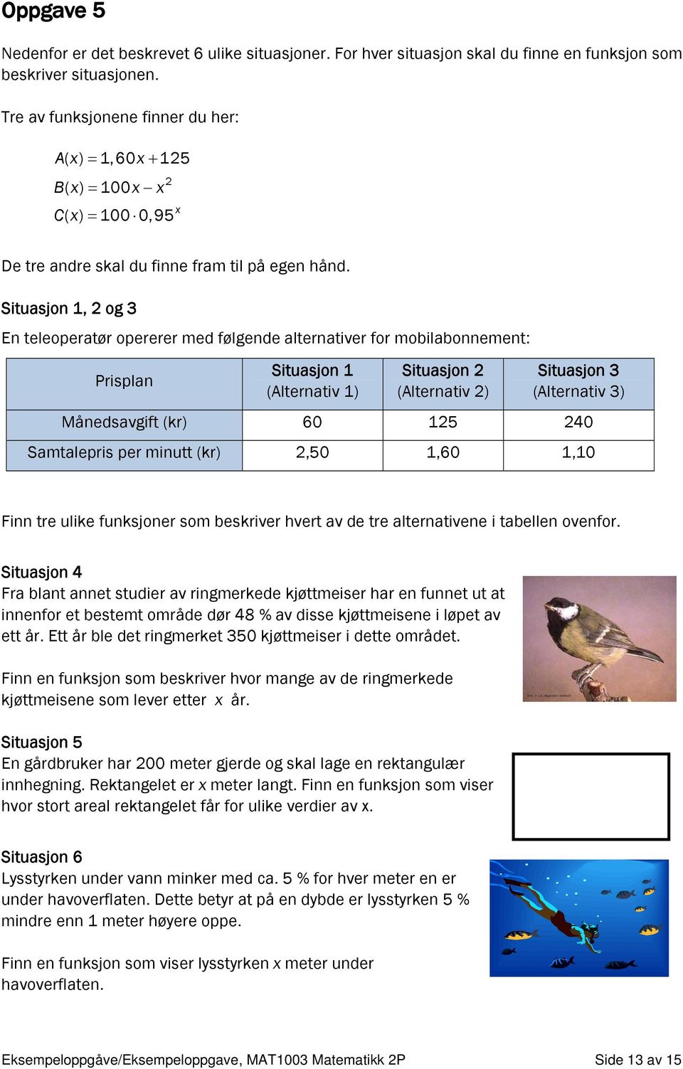 Situasjon 1, 2 og 3 En teleoperatør opererer med følgende alternativer for mobilabonnement: Prisplan Situasjon 1 Situasjon 2 Situasjon 3 (Alternativ 1) (Alternativ 2) (Alternativ 3) Månedsavgift (kr)