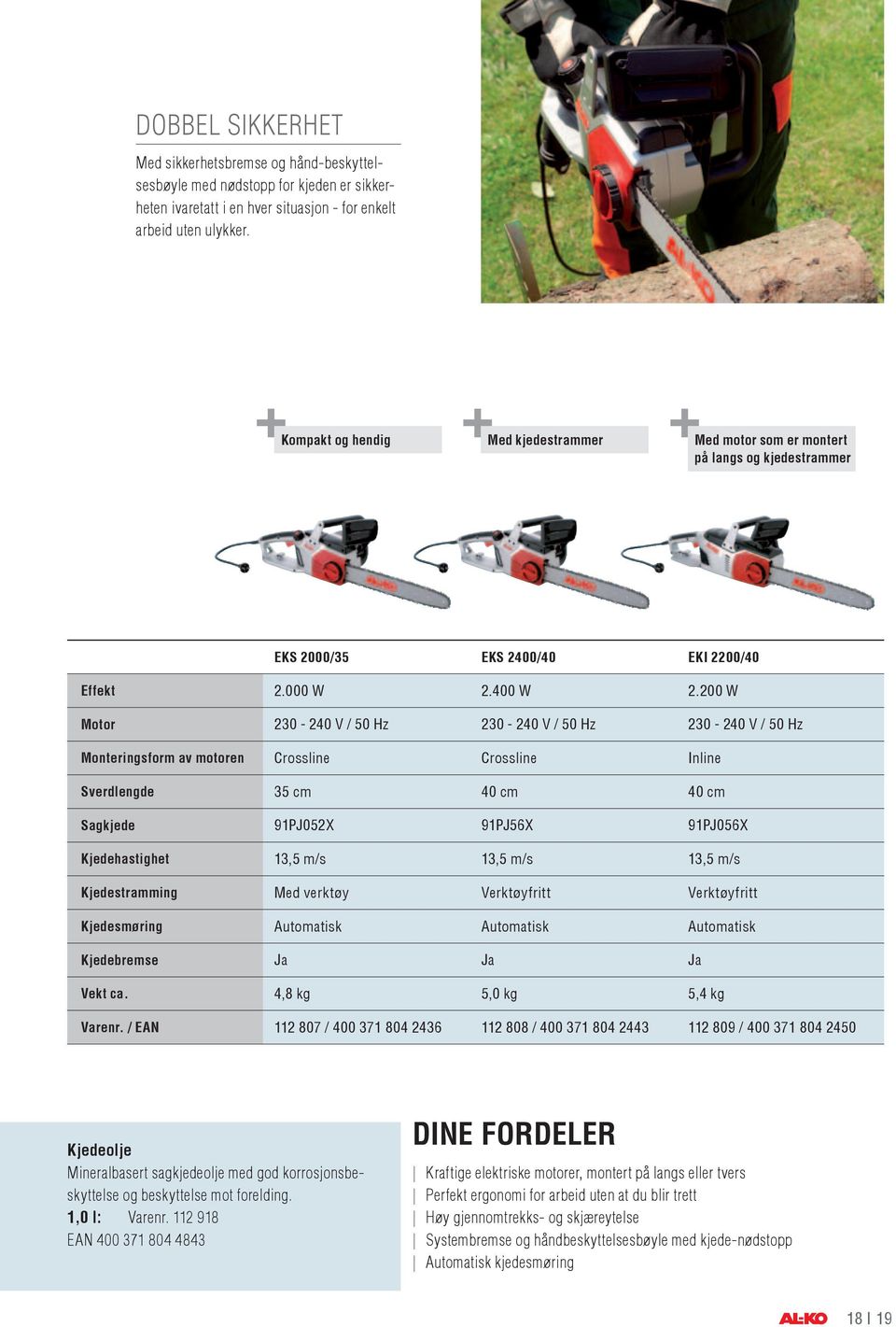 200 W Motor 230-240 V / 50 Hz 230-240 V / 50 Hz 230-240 V / 50 Hz Monteringsform av motoren Crossline Crossline Inline Sverdlengde 35 cm 40 cm 40 cm Sagkjede 91PJ052X 91PJ56X 91PJ056X Kjedehastighet