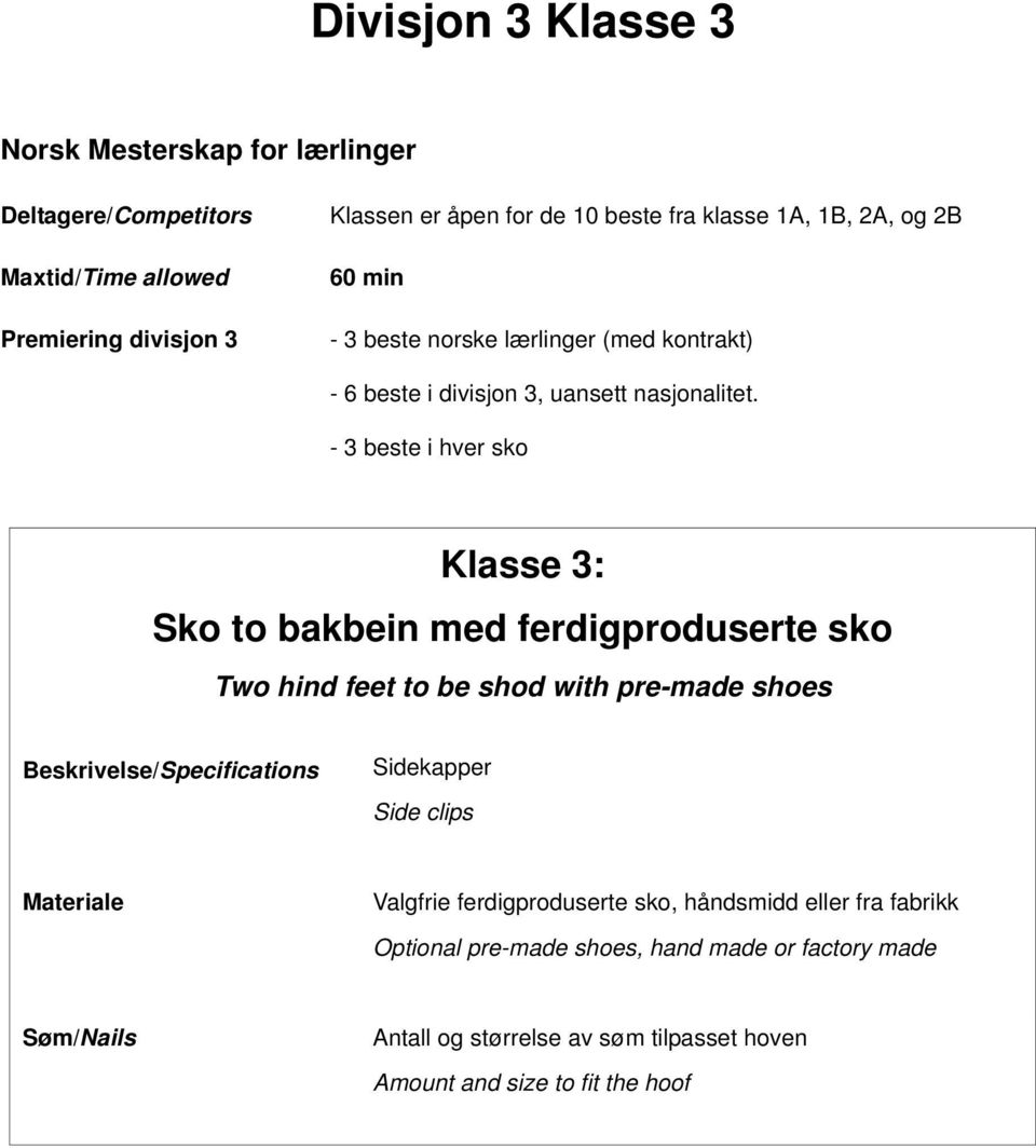 - 3 beste i hver sko Klasse 3: Sko to bakbein med ferdigproduserte sko Two hind feet to be shod with pre-made shoes Sidekapper Side clips