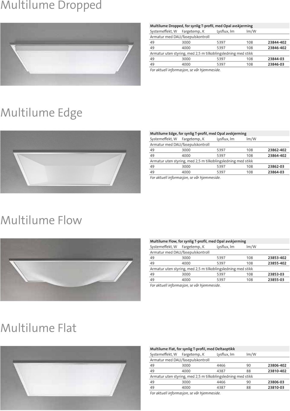 informasjon, se vår hjemmeside. Multilume Edge Multilume Edge, for synlig T-profil, med Opal avskjerming Systemeffekt, W Fargetemp.