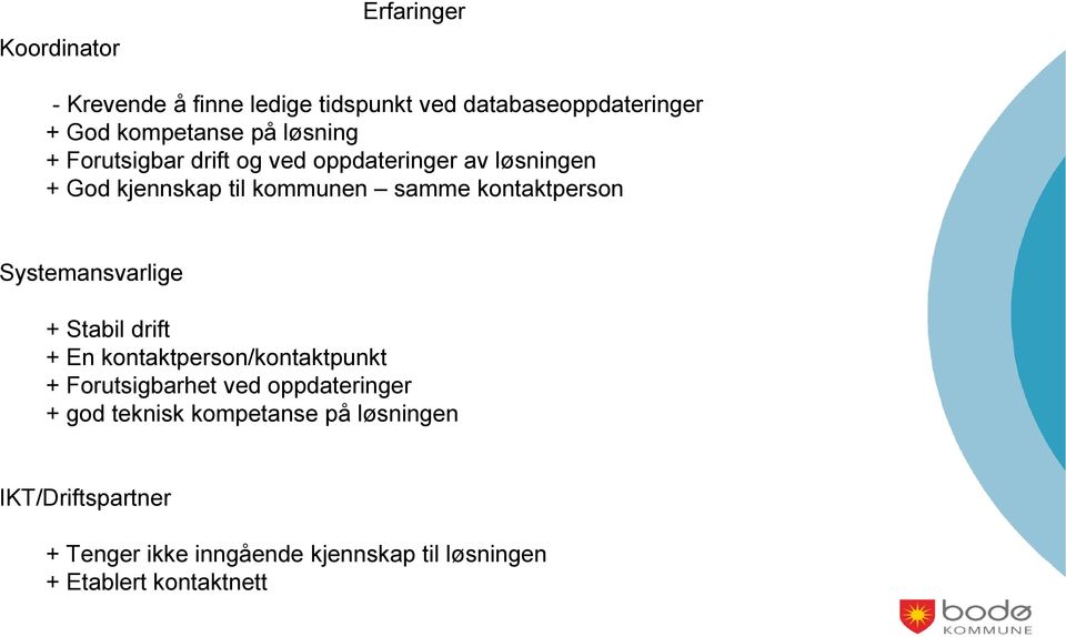 Systemansvarlige + Stabil drift + En kontaktperson/kontaktpunkt + Forutsigbarhet ved oppdateringer + god