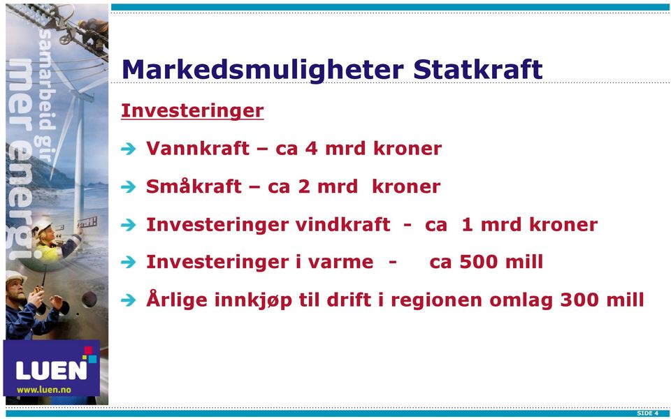 vindkraft - ca 1 mrd kroner Investeringer i varme - ca