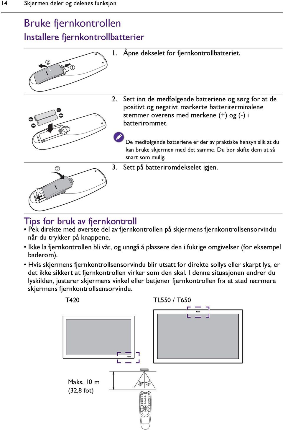 De medfølgende batteriene er der av praktiske hensyn slik at du kan bruke skjermen med det samme. Du bør skifte dem ut så snart som mulig. 3. Sett på batteriromdekselet igjen.