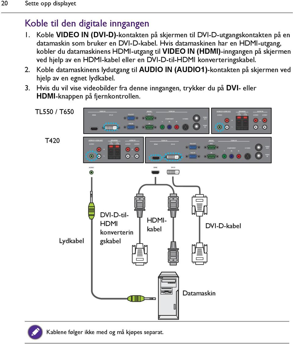 konverteringskabel. 2. Koble datamaskinens lydutgang til AUDIO IN (AUDIO1)-kontakten på skjermen ved hjelp av en egnet lydkabel. 3.