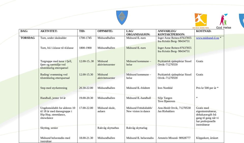 .30 Midsund aktivitetssenter Midsund kommune helse Psykiatrisk sjukepleiar Sissel Orvik 71270559 Gratis Bading/ svømming ved tilstrekkeleg etterspurnad 12.00-15.