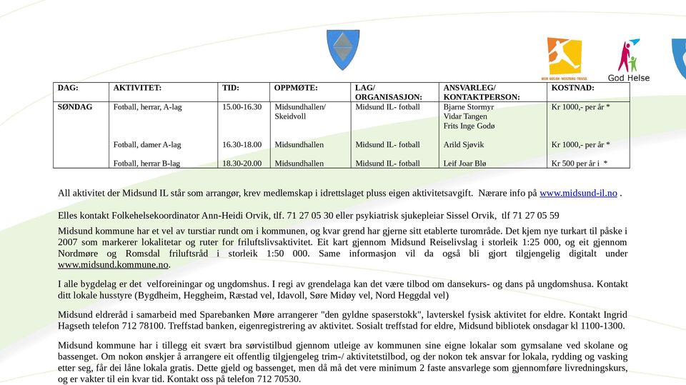 00 Leif Joar Blø Kr 500 per år i All aktivitet der Midsund IL står som arrangør, krev medlemskap i idrettslaget pluss eigen aktivitetsavgift. Nærare info på www.midsund-il.no.