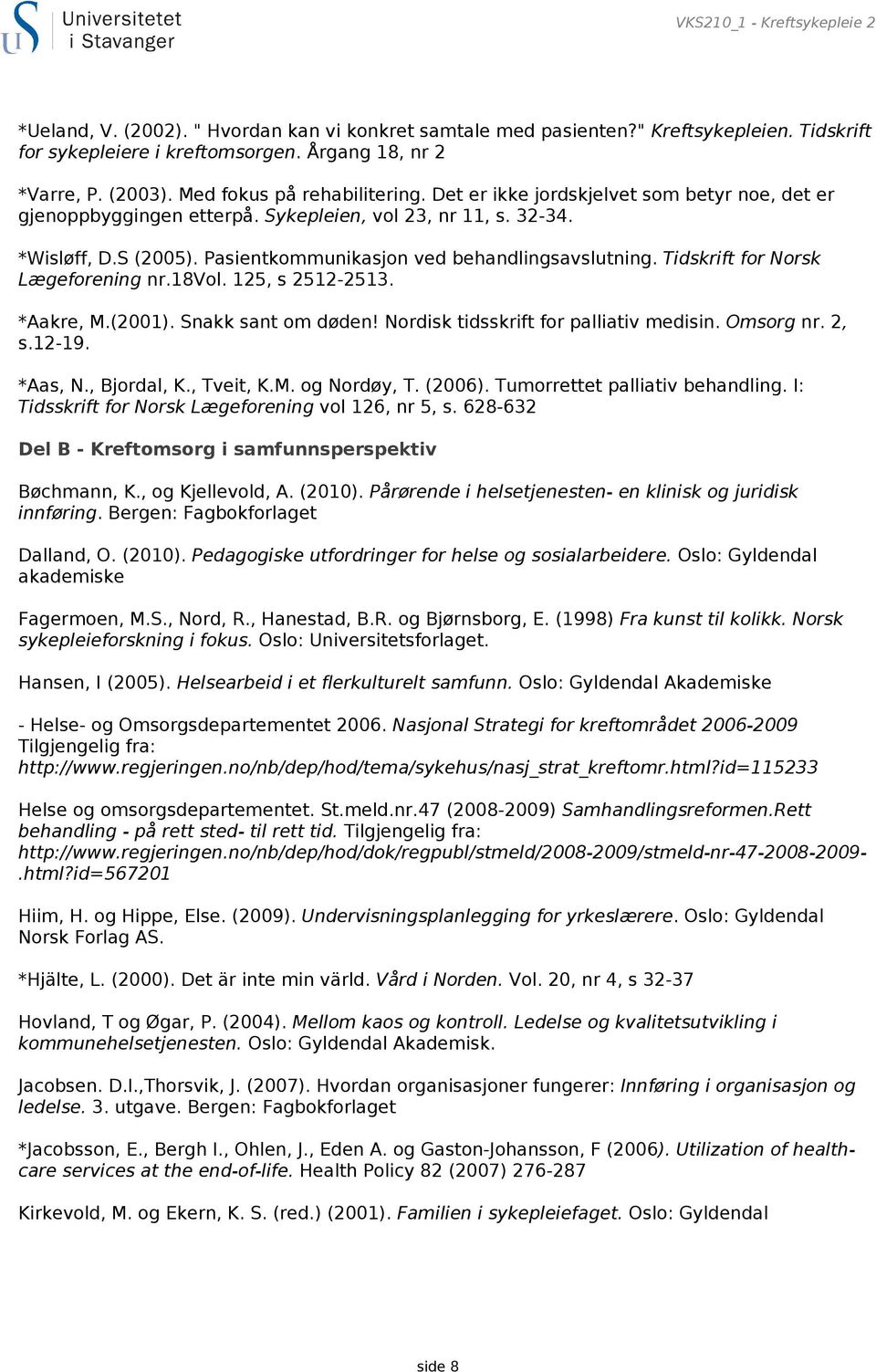 Pasientkommunikasjon ved behandlingsavslutning. Tidskrift for Norsk Lægeforening nr.18vol. 125, s 2512-2513. *Aakre, M.(2001). Snakk sant om døden! Nordisk tidsskrift for palliativ medisin. Omsorg nr.