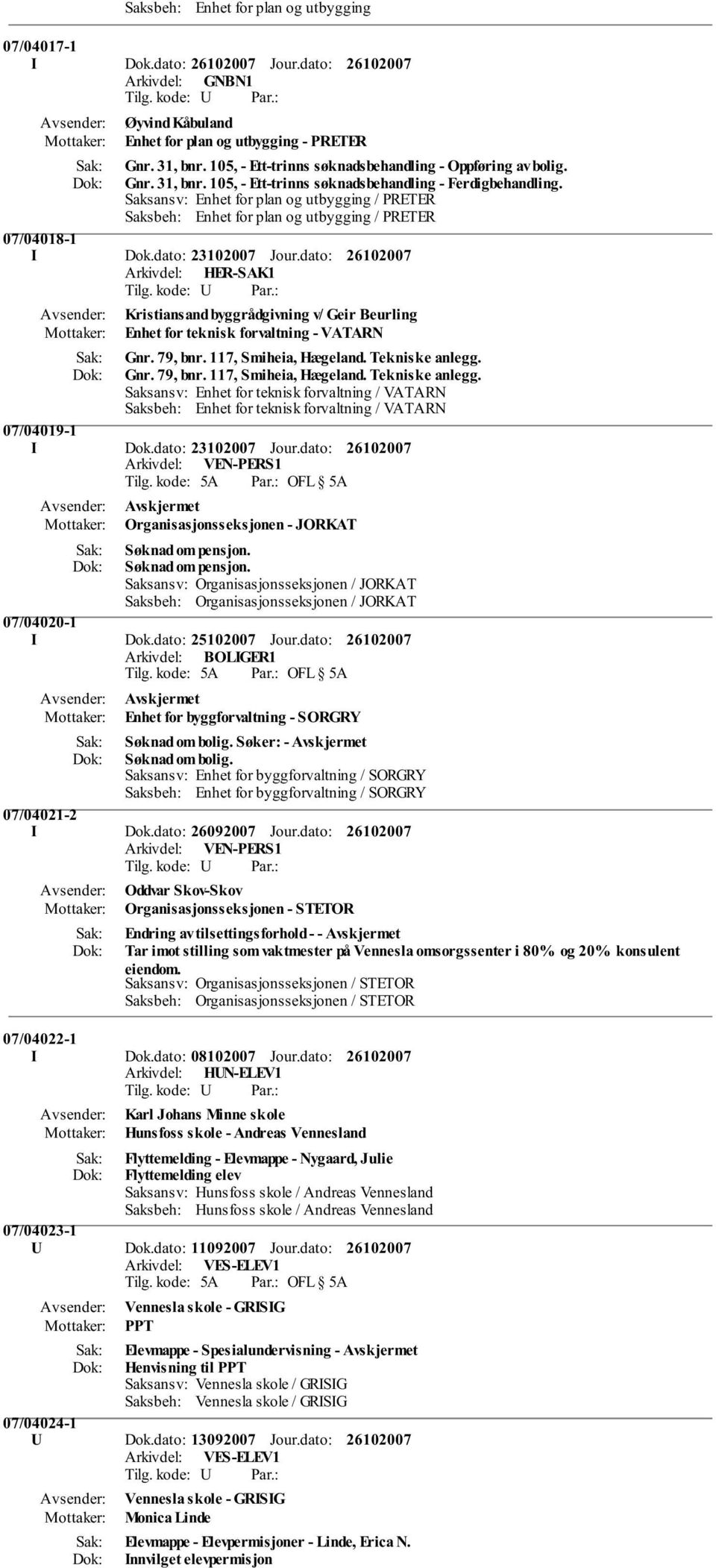 Gnr. 79, bnr. 117, Smiheia, Hægeland. Tekniske anlegg. Saksansv: Enhet for teknisk forvaltning / VATARN Saksbeh: Enhet for teknisk forvaltning / VATARN 07/04019-1 I Dok.dato: 23102007 Jour.