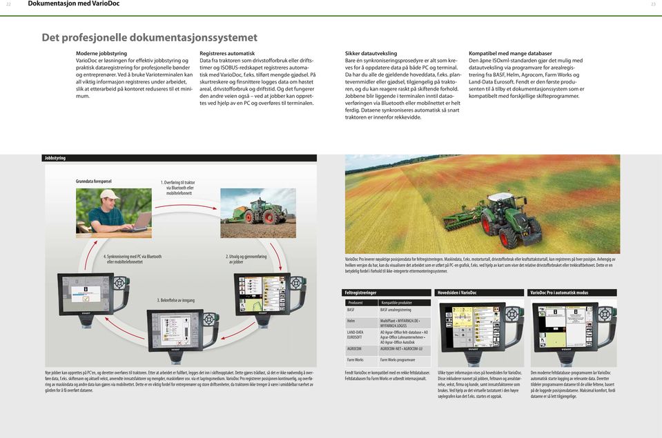Registreres automatisk Data fra traktoren som drivstofforbruk eller driftstimer og ISOBUS-redskapet registreres automatisk med VarioDoc, f.eks. tilført mengde gjødsel.