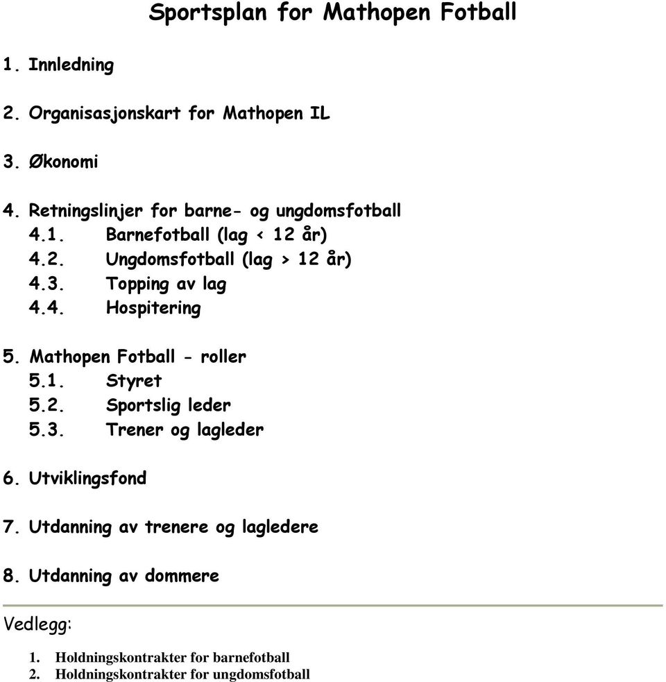 Topping av lag 4.4. Hospitering 5. Mathopen Fotball - roller 5.1. Styret 5.2. Sportslig leder 5.3. Trener og lagleder 6.