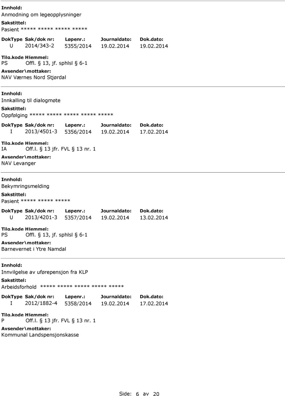 Bekymringsmelding Pasient ***** ***** ***** 2013/4201-3 5357/2014 Barnevernet i Ytre Namdal 13.02.