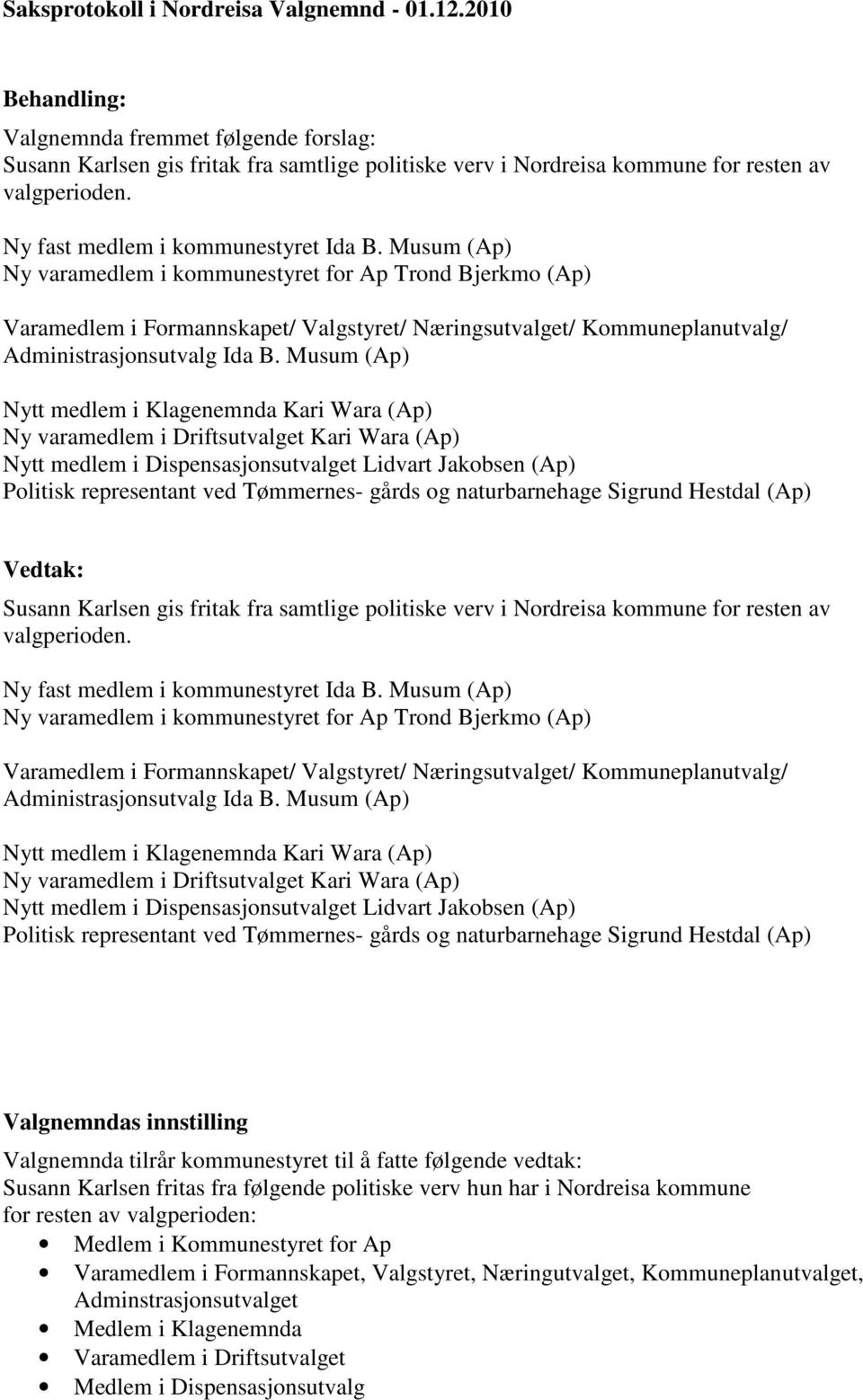 Musum (Ap) Ny varamedlem i kommunestyret for Ap Trond Bjerkmo (Ap) Varamedlem i Formannskapet/ Valgstyret/ Næringsutvalget/ Kommuneplanutvalg/ Administrasjonsutvalg Ida B.