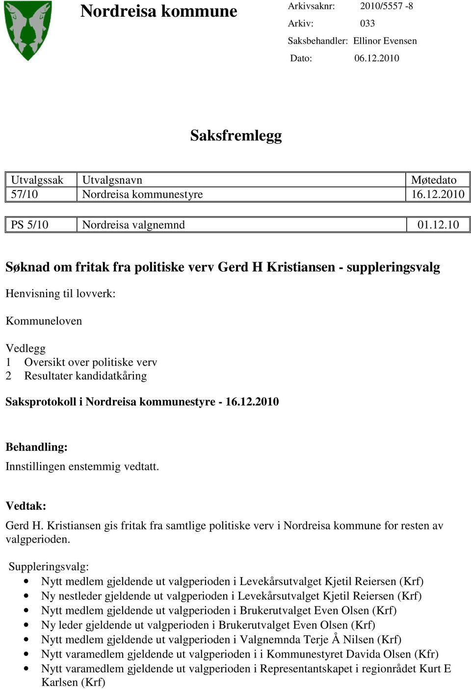 Nordreisa kommunestyre - 16.12.2010 Behandling: Innstillingen enstemmig vedtatt. Vedtak: Gerd H. Kristiansen gis fritak fra samtlige politiske verv i Nordreisa kommune for resten av valgperioden.