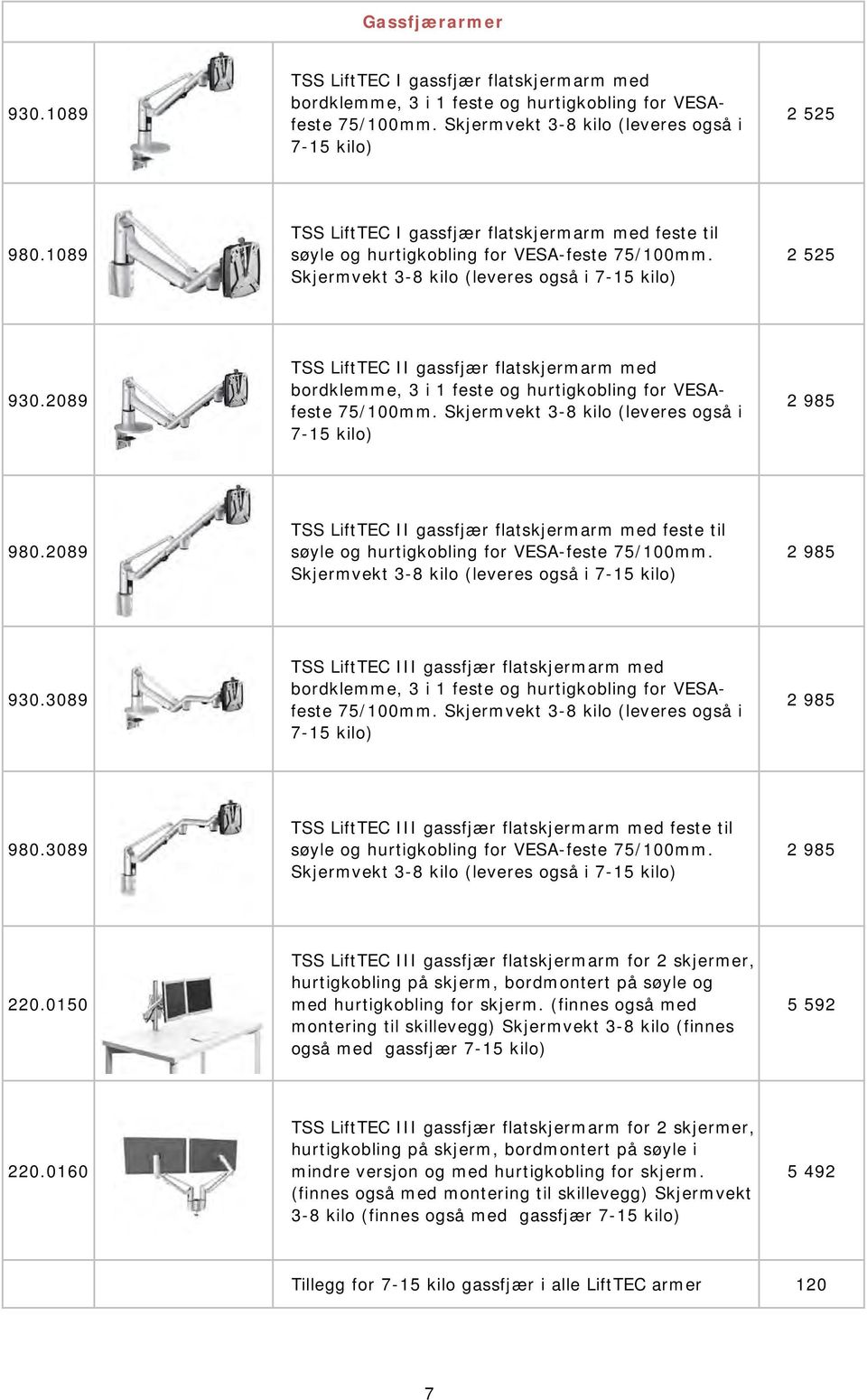 2089 TSS LiftTEC II gassfjær flatskjermarm med bordklemme, 3 i 1 feste og hurtigkobling for VESAfeste 75/100mm. Skjermvekt 3-8 kilo (leveres også i 7-15 kilo) 2 985 980.