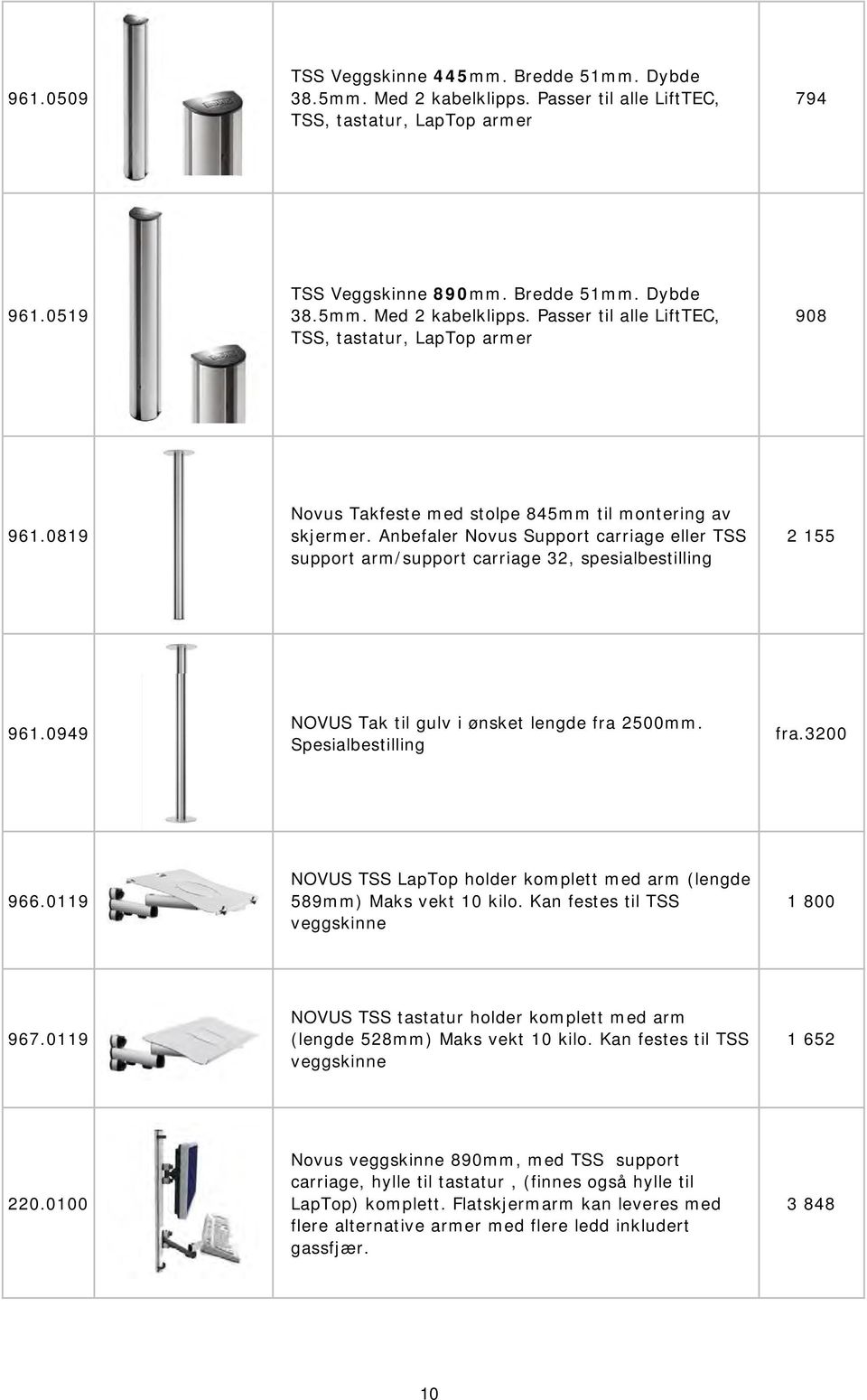 0949 NOVUS Tak til gulv i ønsket lengde fra 2500mm. Spesialbestilling 966.0119 NOVUS TSS LapTop holder komplett med arm (lengde 589mm) Maks vekt 10 kilo. Kan festes til TSS veggskinne 1 800 967.