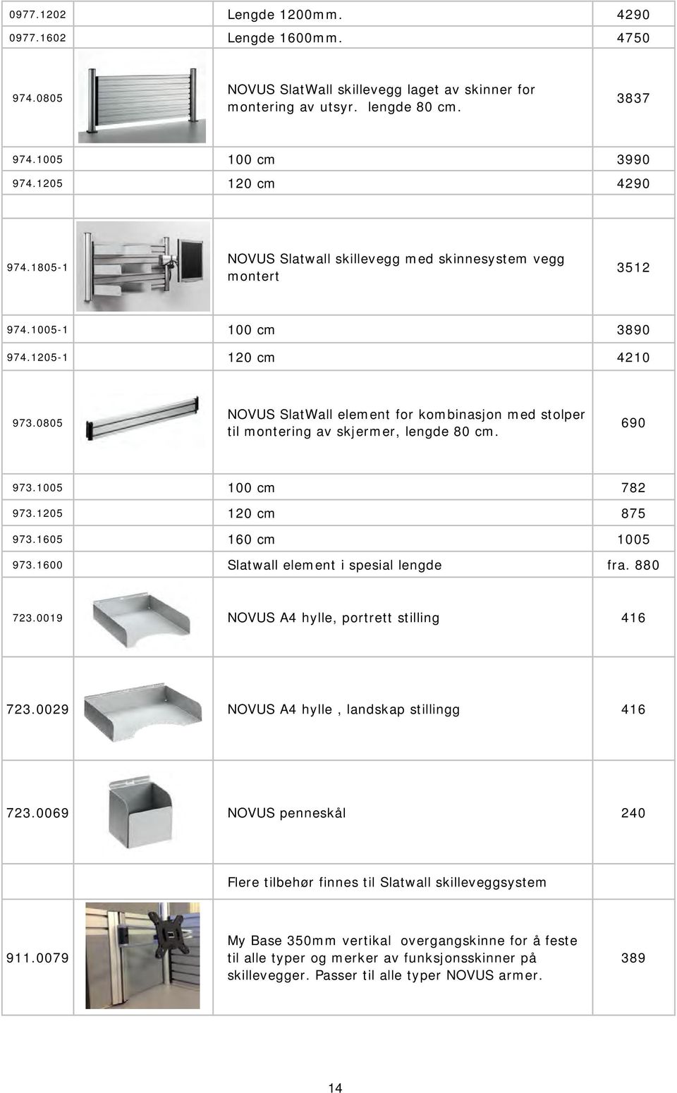0805 NOVUS SlatWall element for kombinasjon med stolper til montering av skjermer, lengde 80 cm. 690 973.1005 100 cm 782 973.1205 120 cm 875 973.1605 160 cm 1005 973.