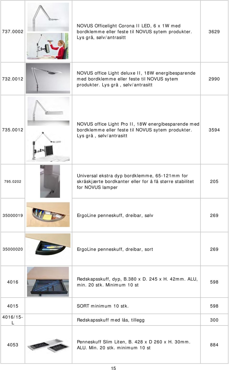 0012 NOVUS office Light Pro II, 18W energibesparende med bordklemme eller feste til NOVUS sytem produkter.