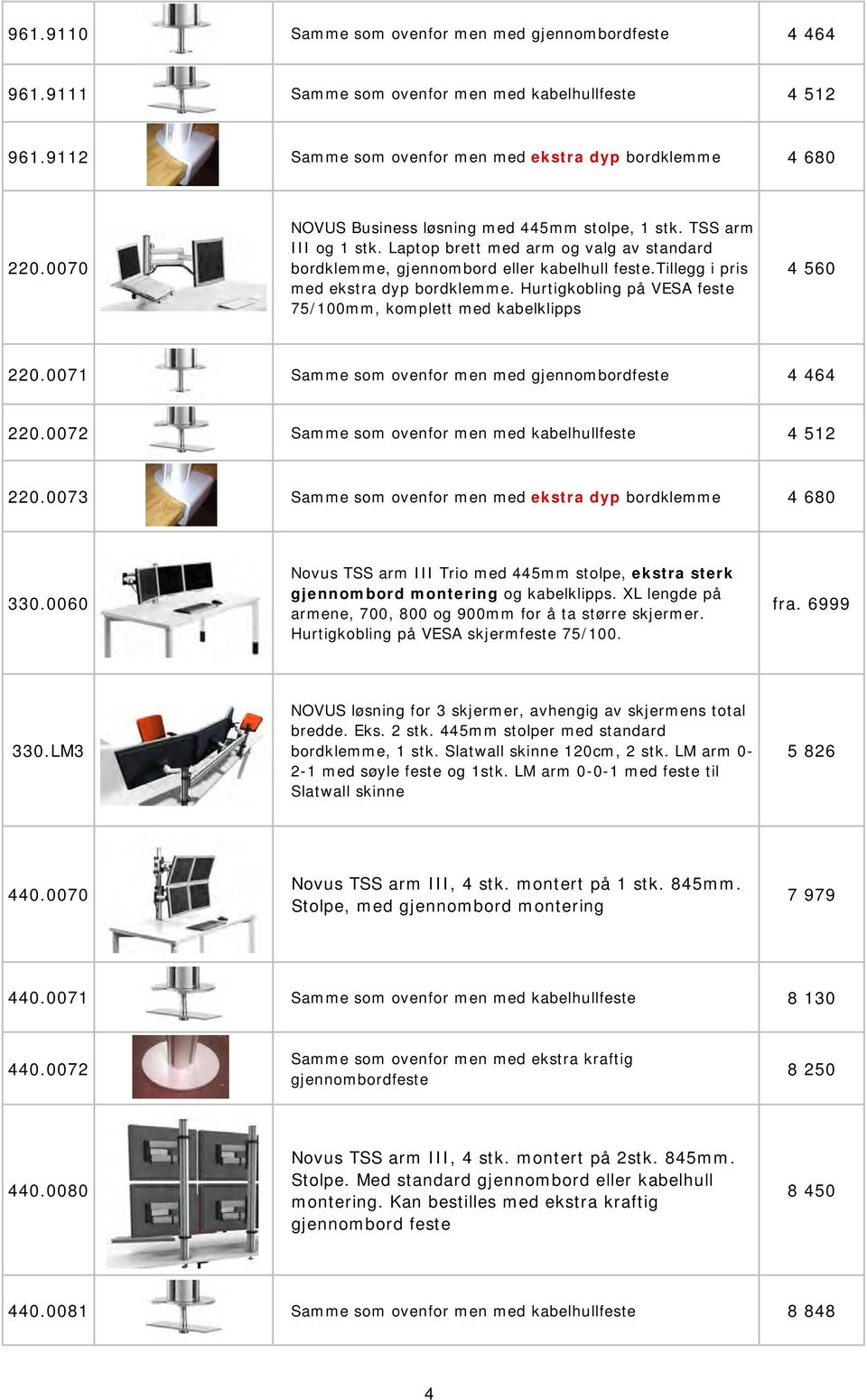 tillegg i pris med ekstra dyp bordklemme. Hurtigkobling på VESA feste 75/100mm, komplett med kabelklipps 4 560 220.0071 Samme som ovenfor men med gjennombordfeste 4 464 220.