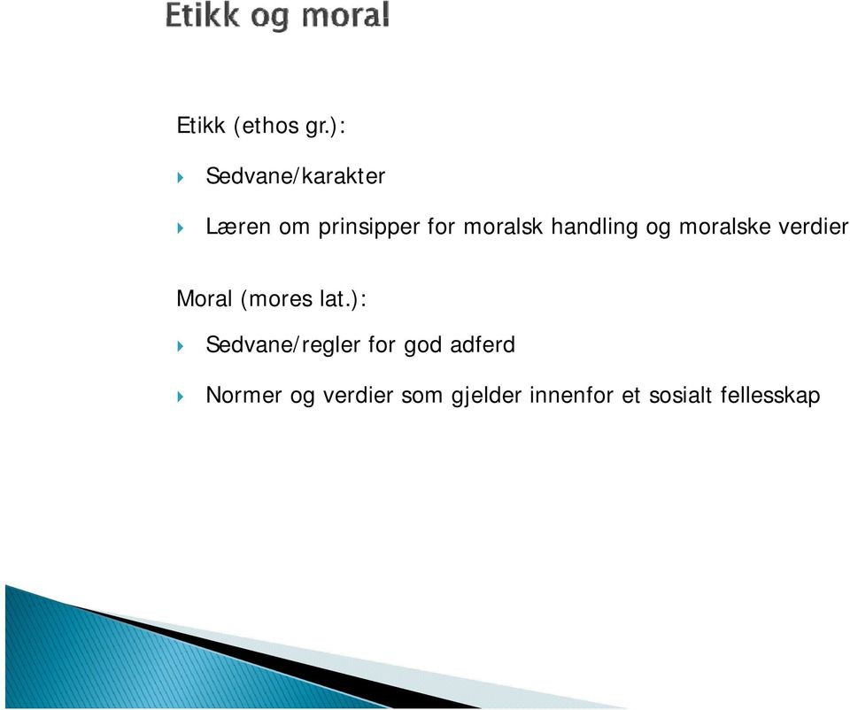 handling og moralske verdier Moral (mores lat.