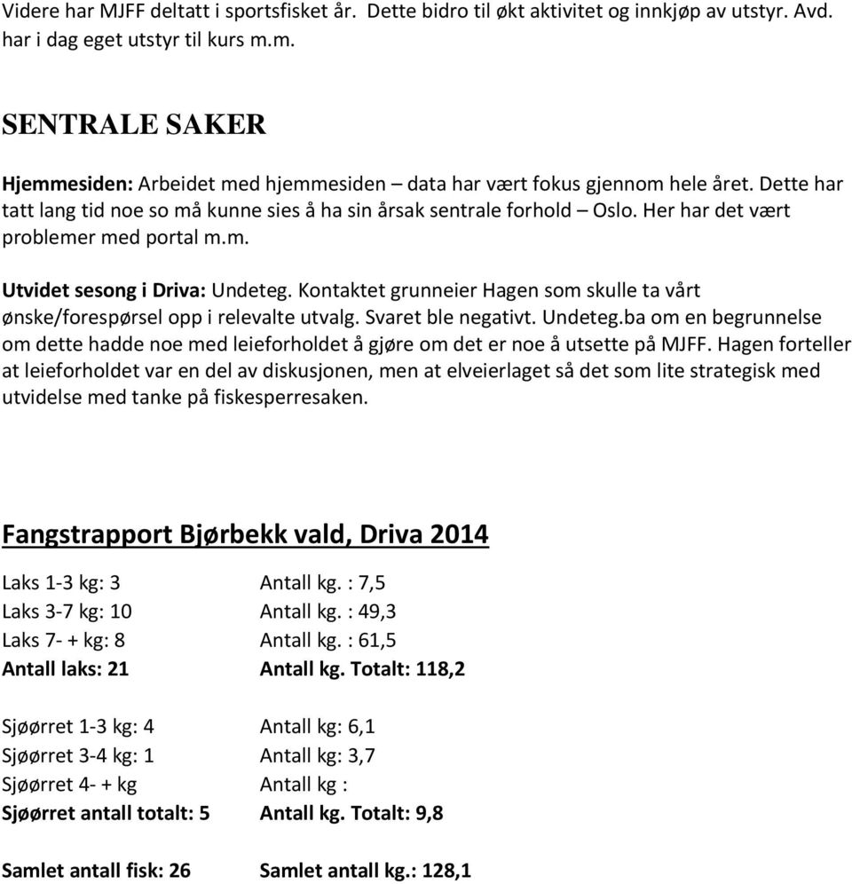 Her har det vært problemer med portal m.m. Utvidet sesong i Driva: Undeteg. Kontaktet grunneier Hagen som skulle ta vårt ønske/forespørsel opp i relevalte utvalg. Svaret ble negativt. Undeteg.ba om en begrunnelse om dette hadde noe med leieforholdet å gjøre om det er noe å utsette på MJFF.