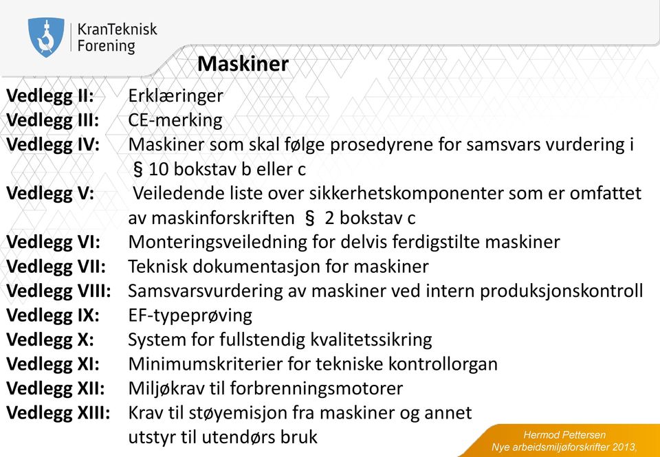 for maskiner Vedlegg VIII: Samsvarsvurdering av maskiner ved intern produksjonskontroll Vedlegg IX: EF-typeprøving Vedlegg X: System for fullstendig kvalitetssikring Vedlegg