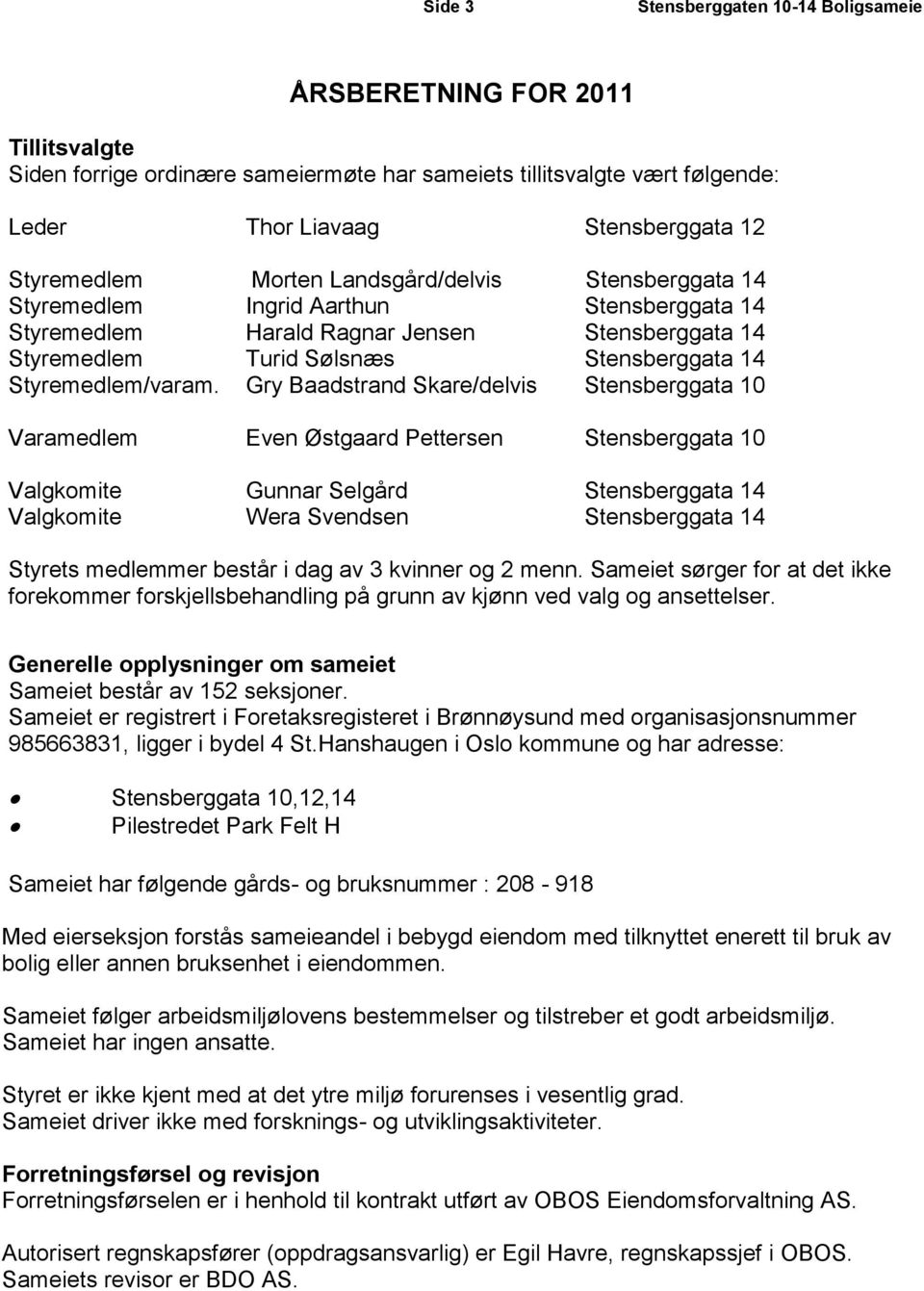 Gry Baadstrand Skare/delvis Stensberggata 10 Varamedlem Even Østgaard Pettersen Stensberggata 10 Valgkomite Gunnar Selgård Stensberggata 14 Valgkomite Wera Svendsen Stensberggata 14 Styrets medlemmer