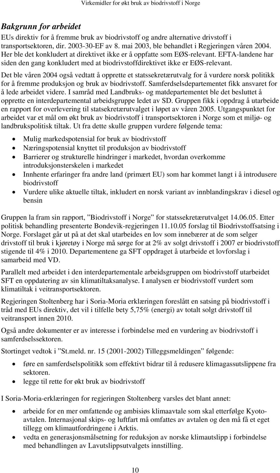 Det ble våren 2004 også vedtatt å opprette et statssekretærutvalg for å vurdere norsk politikk for å fremme produksjon og bruk av biodrivstoff.