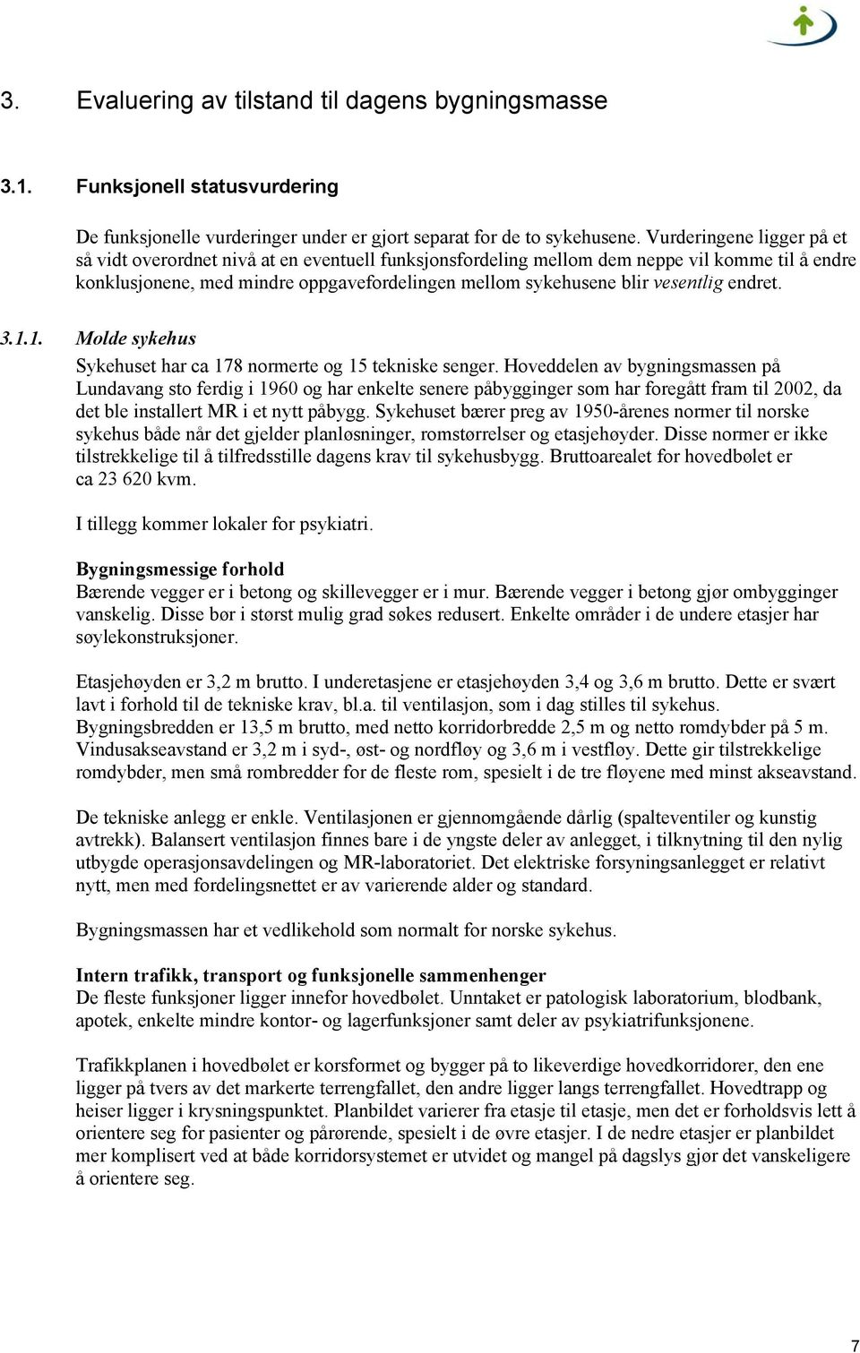 vesentlig endret. 3.1.1. Molde sykehus Sykehuset har ca 178 normerte og 15 tekniske senger.