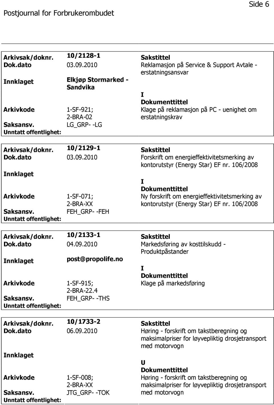 Arkivsak/doknr. 10/2129-1 Sakstittel Dok.dato 03.09.2010 Forskrift om energieffektivitetsmerking av kontorutstyr (Energy Star) EF nr.