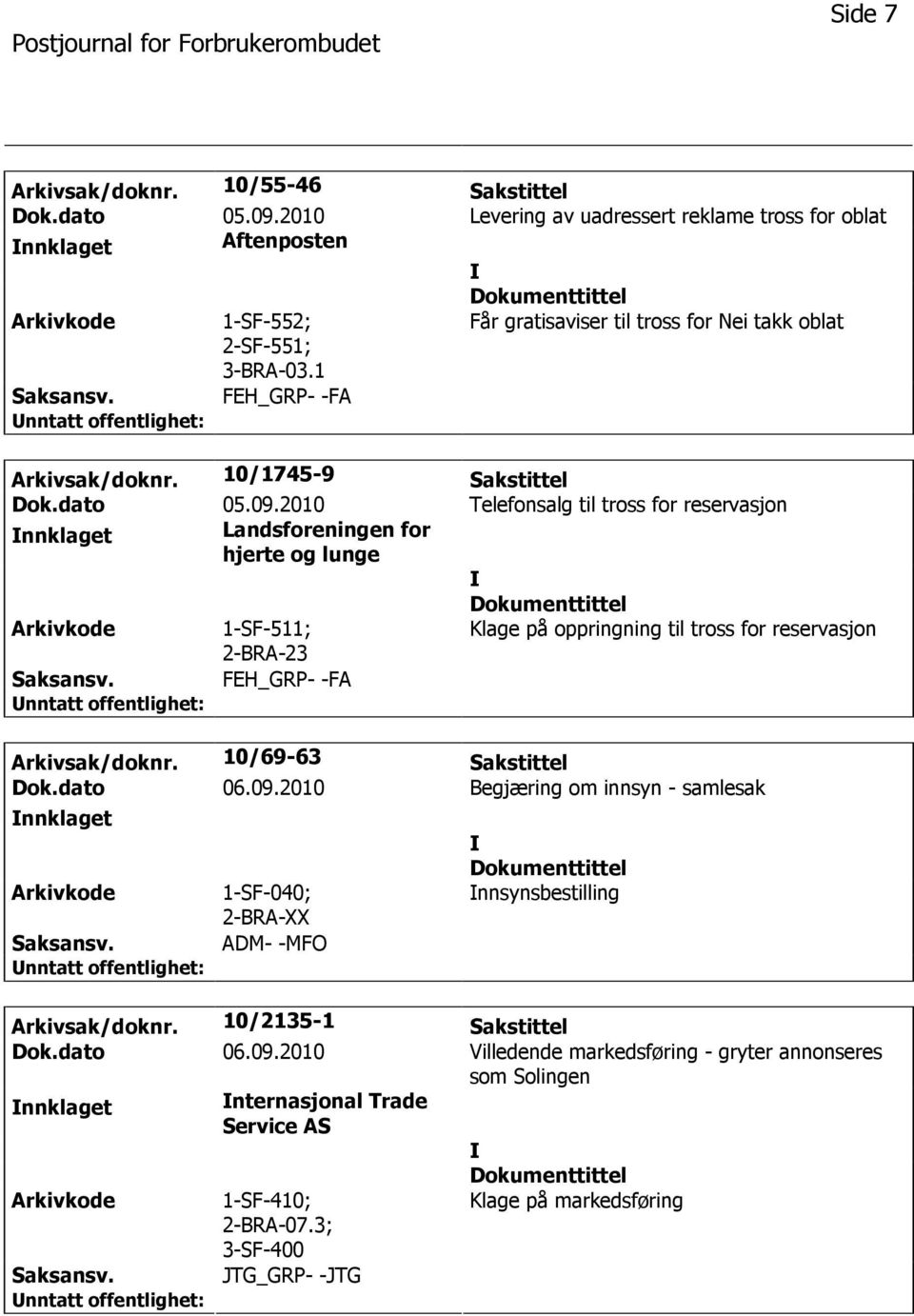 2010 Telefonsalg til tross for reservasjon nnklaget Landsforeningen for hjerte og lunge 1-SF-511; 2-BRA-23 Klage på oppringning til tross for reservasjon FEH_GRP- -FA Arkivsak/doknr.