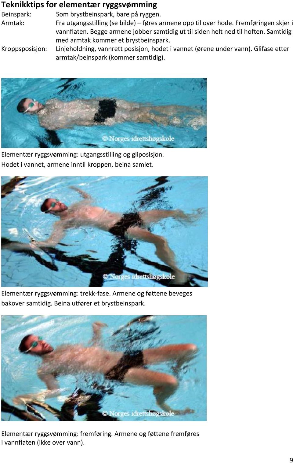 Linjeholdning, vannrett posisjon, hodet i vannet (ørene under vann). Glifase etter armtak/beinspark (kommer samtidig). Elementær ryggsvømming: utgangsstilling og gliposisjon.