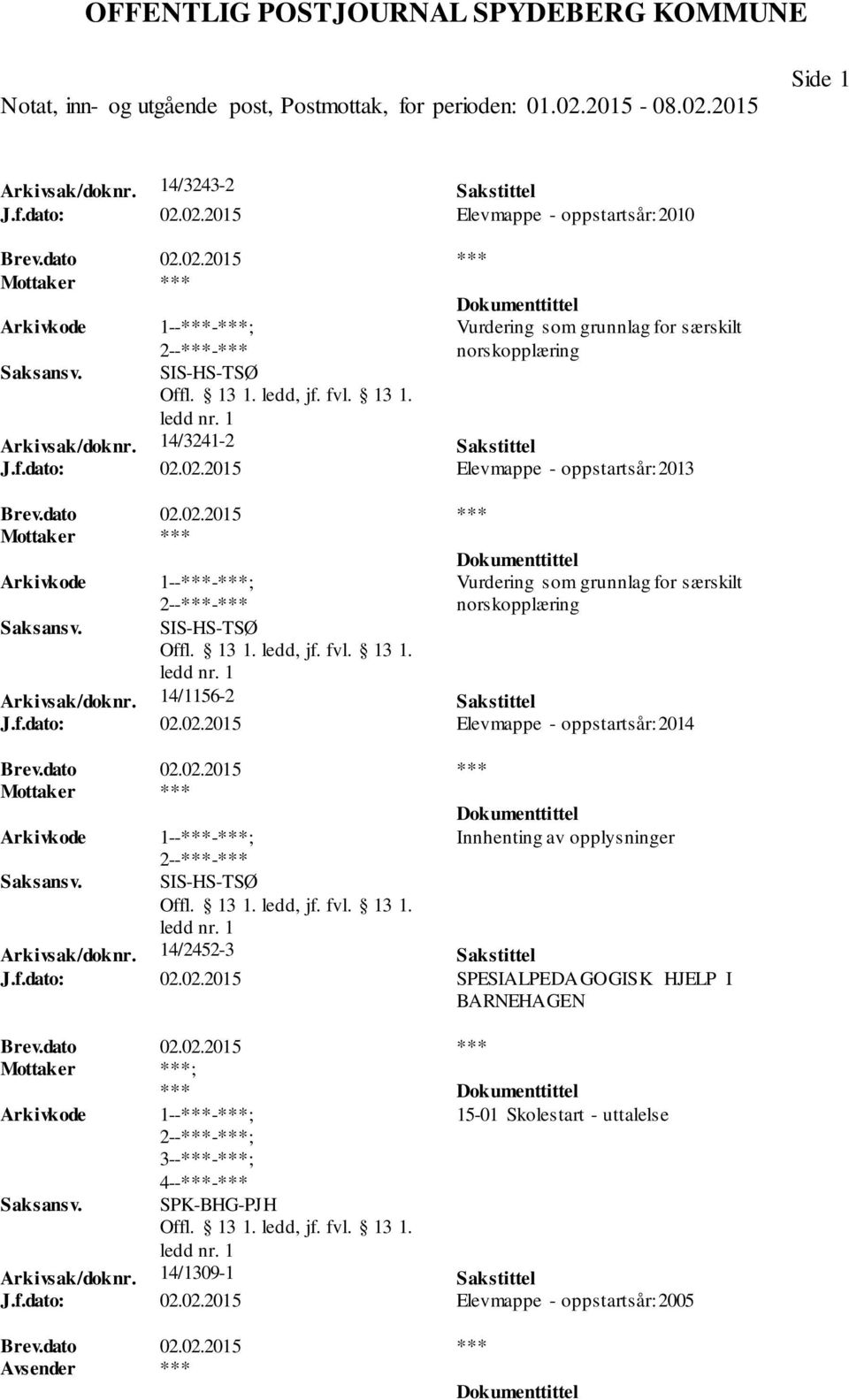 dato 02.02.2015 *** Innhenting av opplysninger SIS-HS-TSØ Arkivsak/doknr. 14/2452-3 Sakstittel J.f.dato: 02.02.2015 SPESIALPEDAGOGISK HJELP I BARNEHAGEN Brev.dato 02.02.2015 *** ; ; 3--***-***; 4--***-*** *** 15-01 Skolestart - uttalelse SPK-BHG-PJH Arkivsak/doknr.