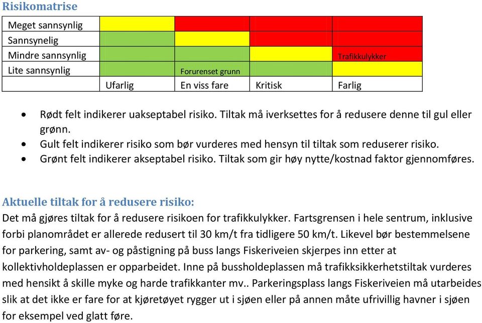 Tiltak som gir høy nytte/kostnad faktor gjennomføres. Aktuelle tiltak for å redusere risiko: Det må gjøres tiltak for å redusere risikoen for trafikkulykker.