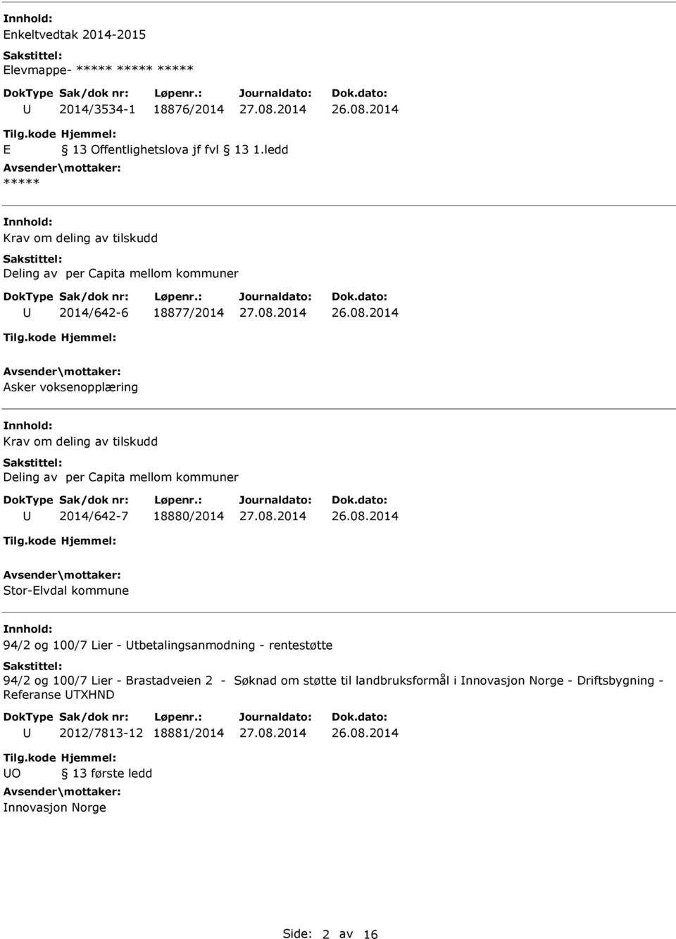Deling av per Capita mellom kommuner 2014/642-7 18880/2014 Stor-Elvdal kommune 94/2 og 100/7 Lier - tbetalingsanmodning - rentestøtte 94/2
