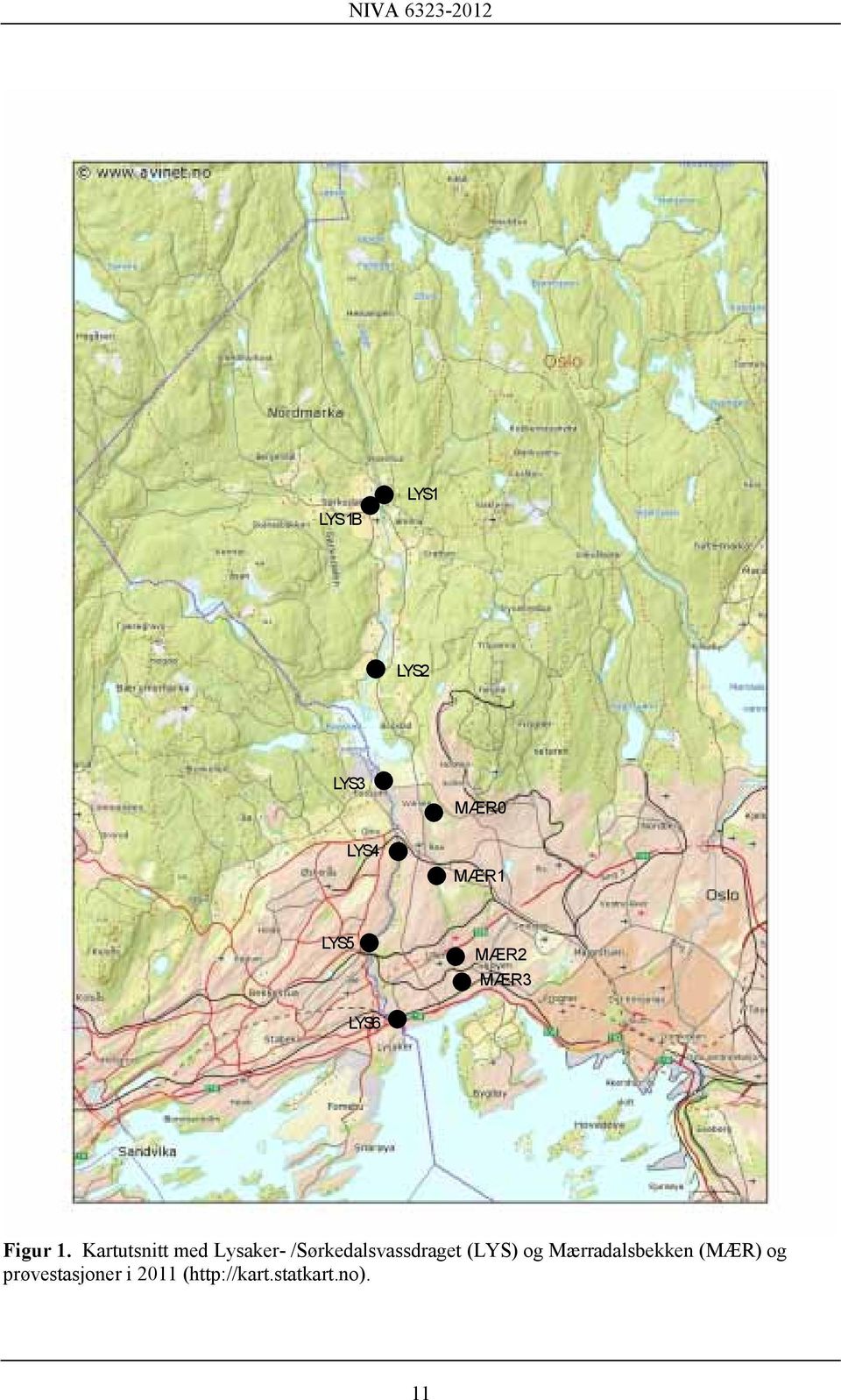 Kartutsnitt med Lysaker- /Sørkedalsvassdraget