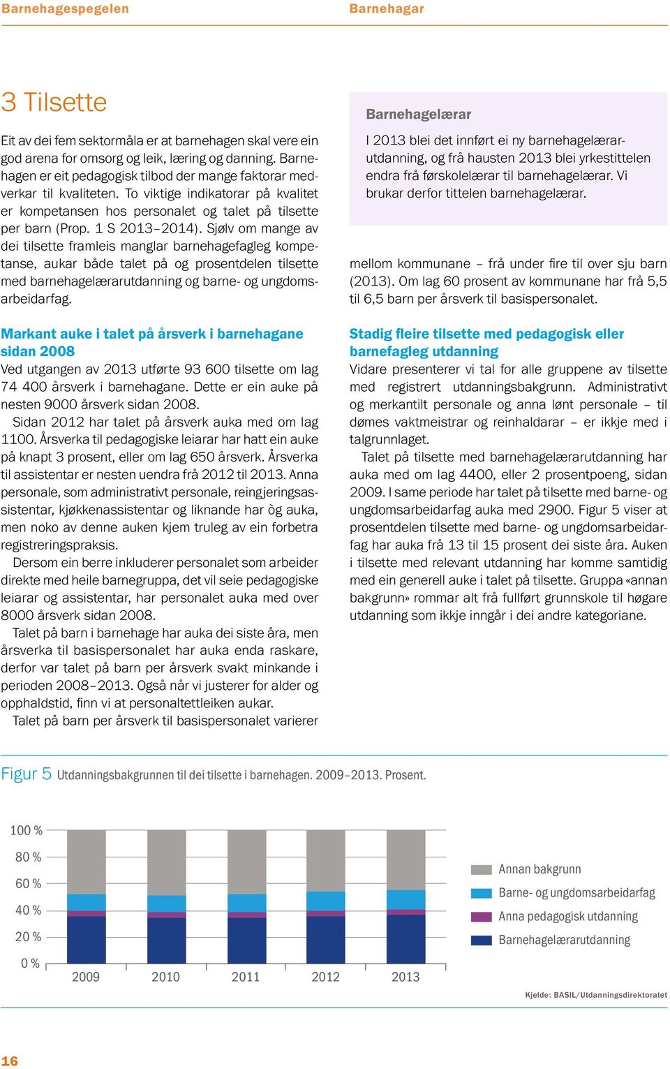 Sjølv om mange av dei tilsette framleis manglar barnehage fagleg kompetanse, aukar både talet på og prosentdelen tilsette med barnehage lærarutdanning og barne- og ungdomsarbeidarfag.