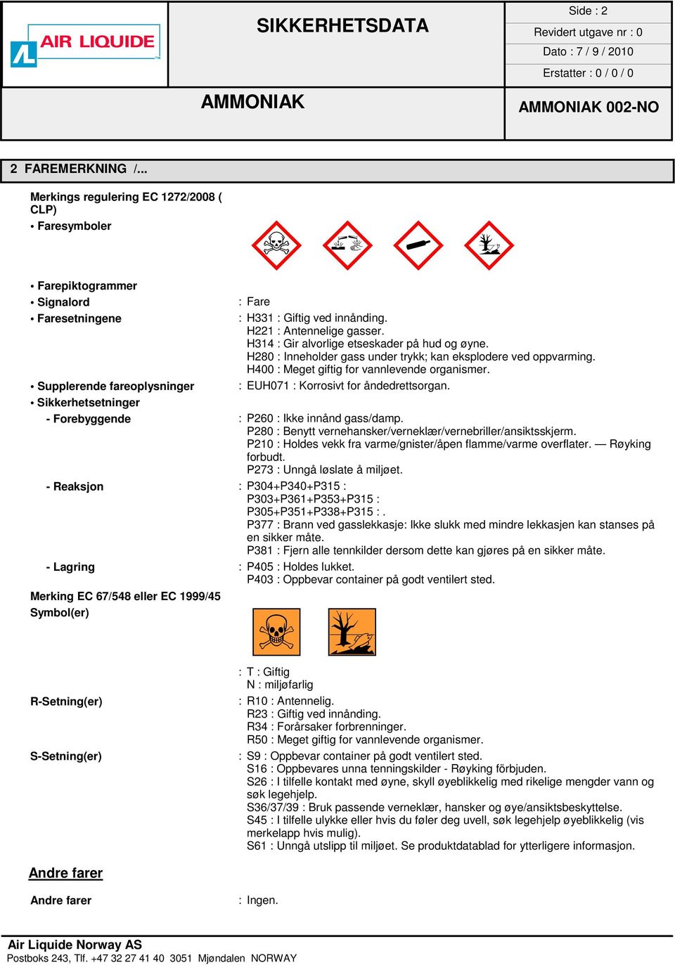 : EUH071 : Korrosivt for åndedrettsorgan. Sikkerhetsetninger - Forebyggende : P260 : Ikke innånd gass/damp. P280 : Benytt vernehansker/verneklær/vernebriller/ansiktsskjerm.