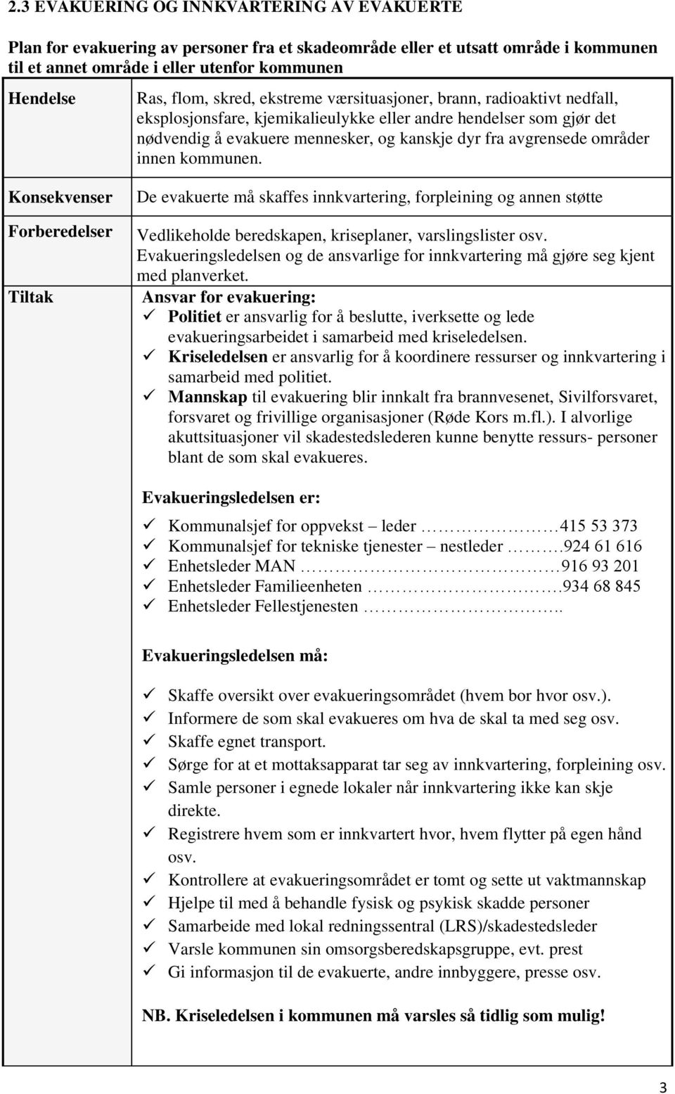 innen kommunen. Konsekvenser Forberedelser Tiltak De evakuerte må skaffes innkvartering, forpleining og annen støtte Vedlikeholde beredskapen, kriseplaner, varslingslister osv.