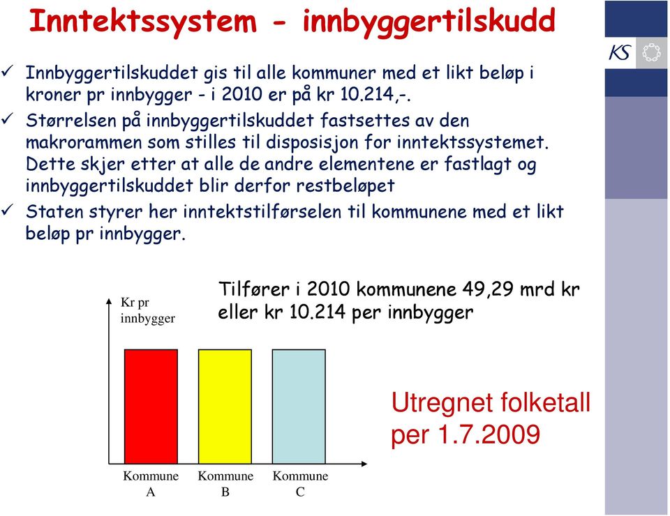 Dette skjer etter at alle de andre elementene er fastlagt og innbyggertilskuddet blir derfor restbeløpet Staten styrer her inntektstilførselen til