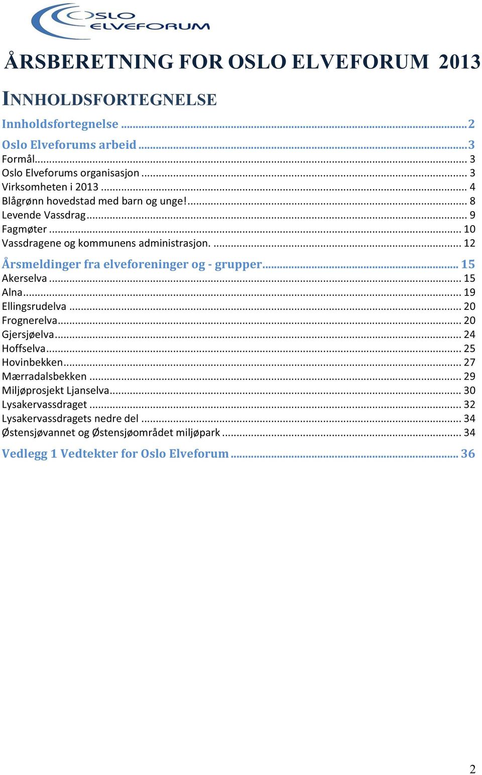 ... 12 Årsmeldinger fra elveforeninger og - grupper... 15 Akerselva... 15 Alna... 19 Ellingsrudelva... 20 Frognerelva... 20 Gjersjøelva... 24 Hoffselva... 25 Hovinbekken.