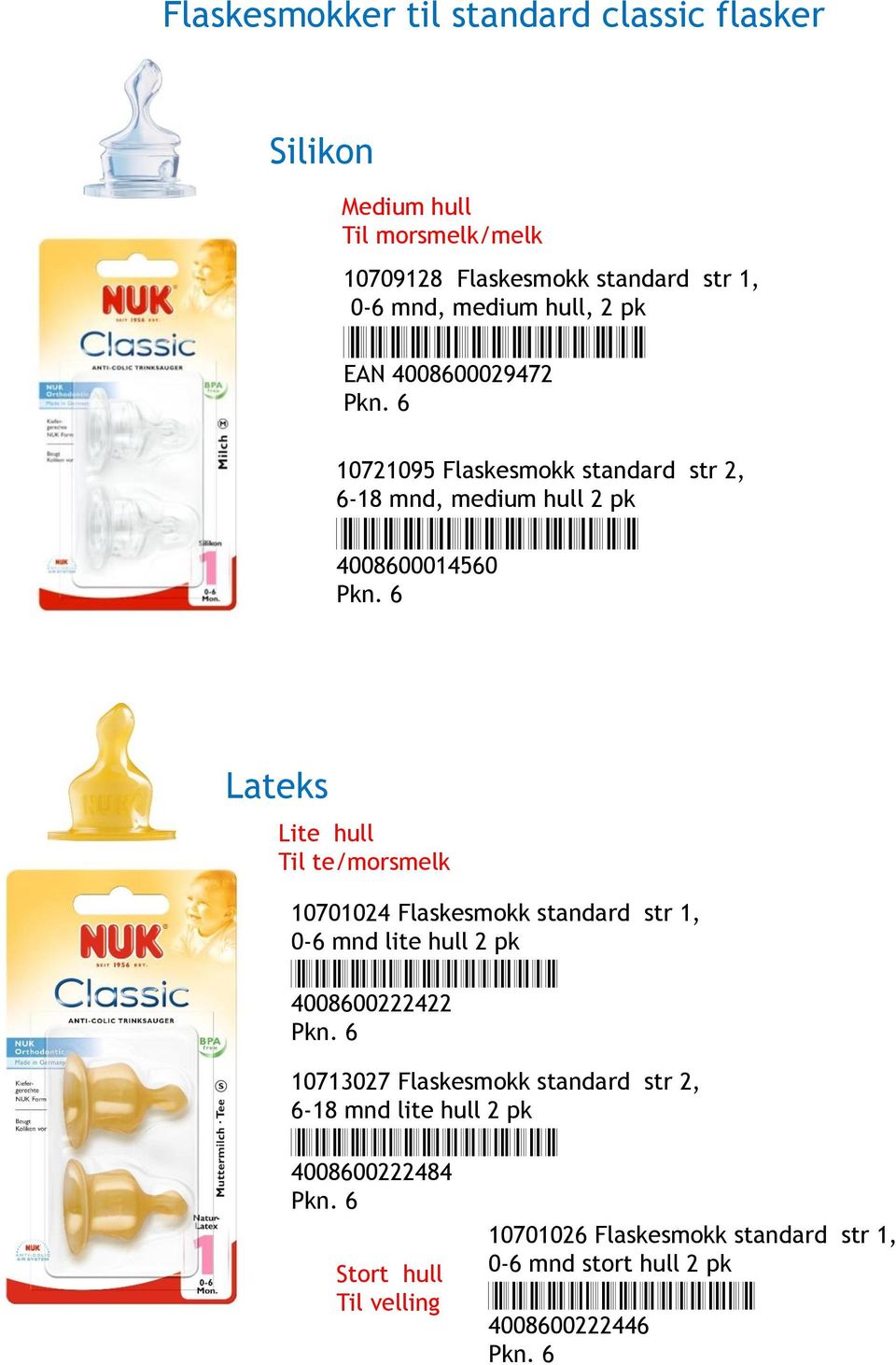 te/morsmelk 10701024 Flaskesmokk standard str 1, 0-6 mnd lite hull 2 pk *4008600222422* 4008600222422 10713027 Flaskesmokk standard str 2, 6-18 mnd